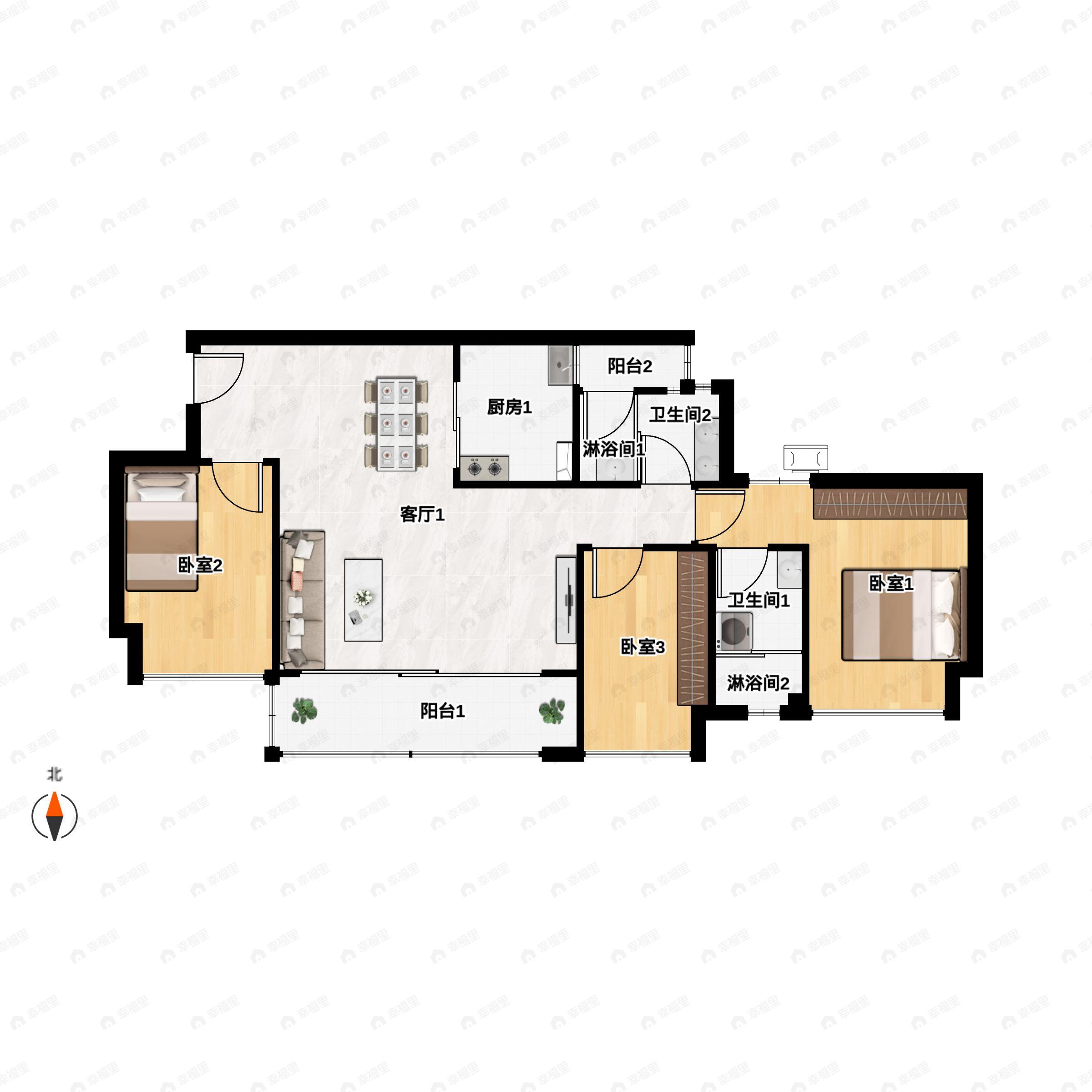 3室2厅2卫建面99平南|东|西|北户型图