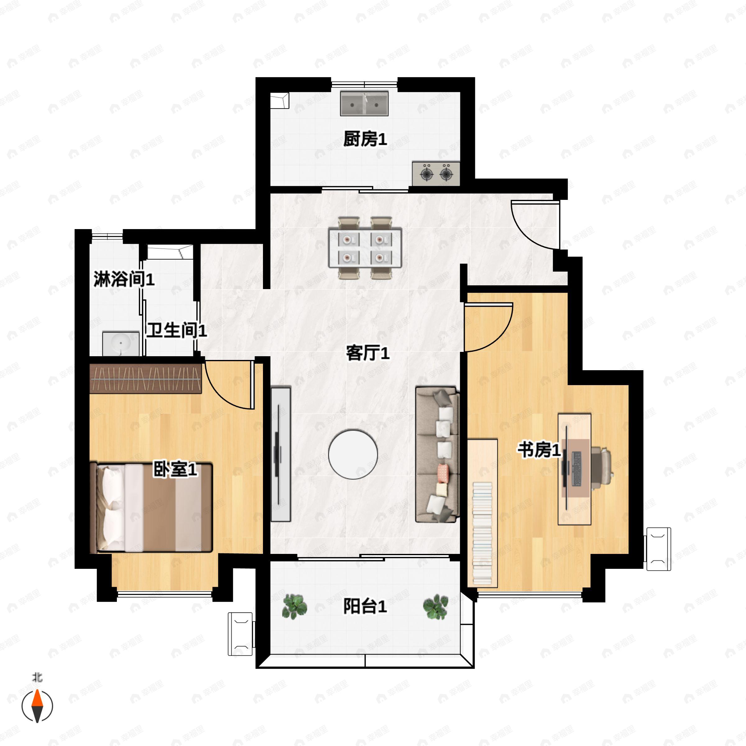 3室2厅2卫建面78平户型图