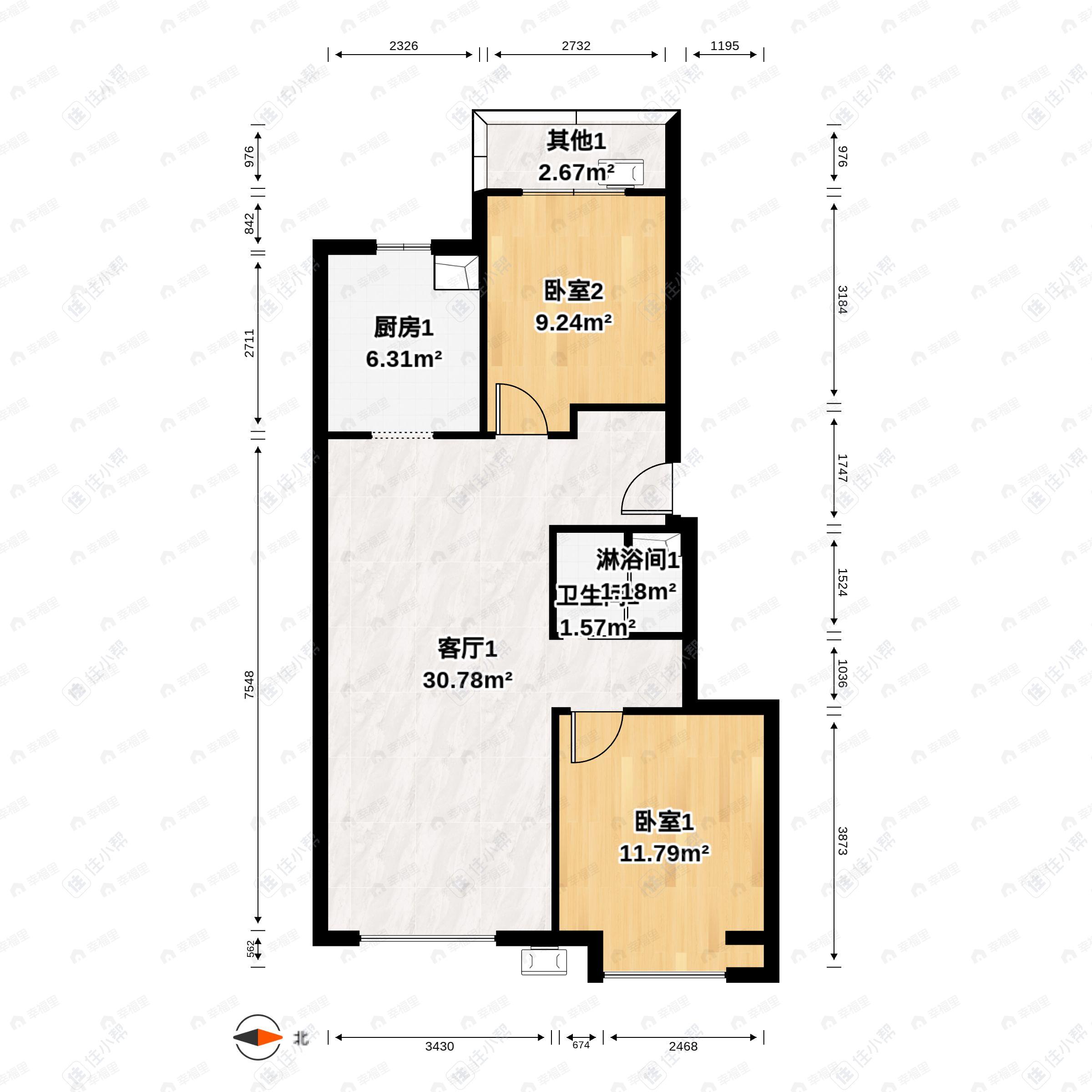 2室2厅1卫建面77平户型图
