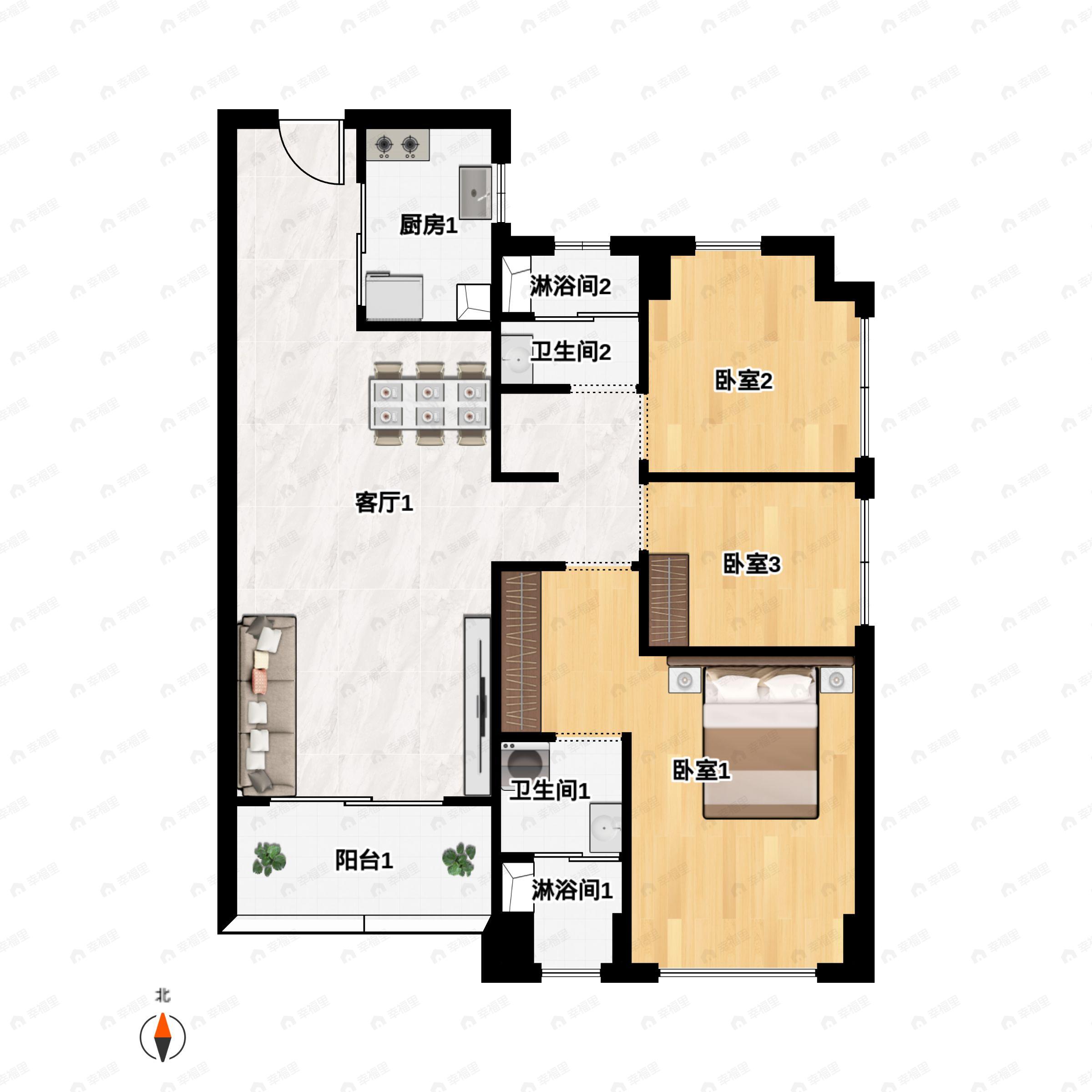 3室2厅2卫建面89平户型图