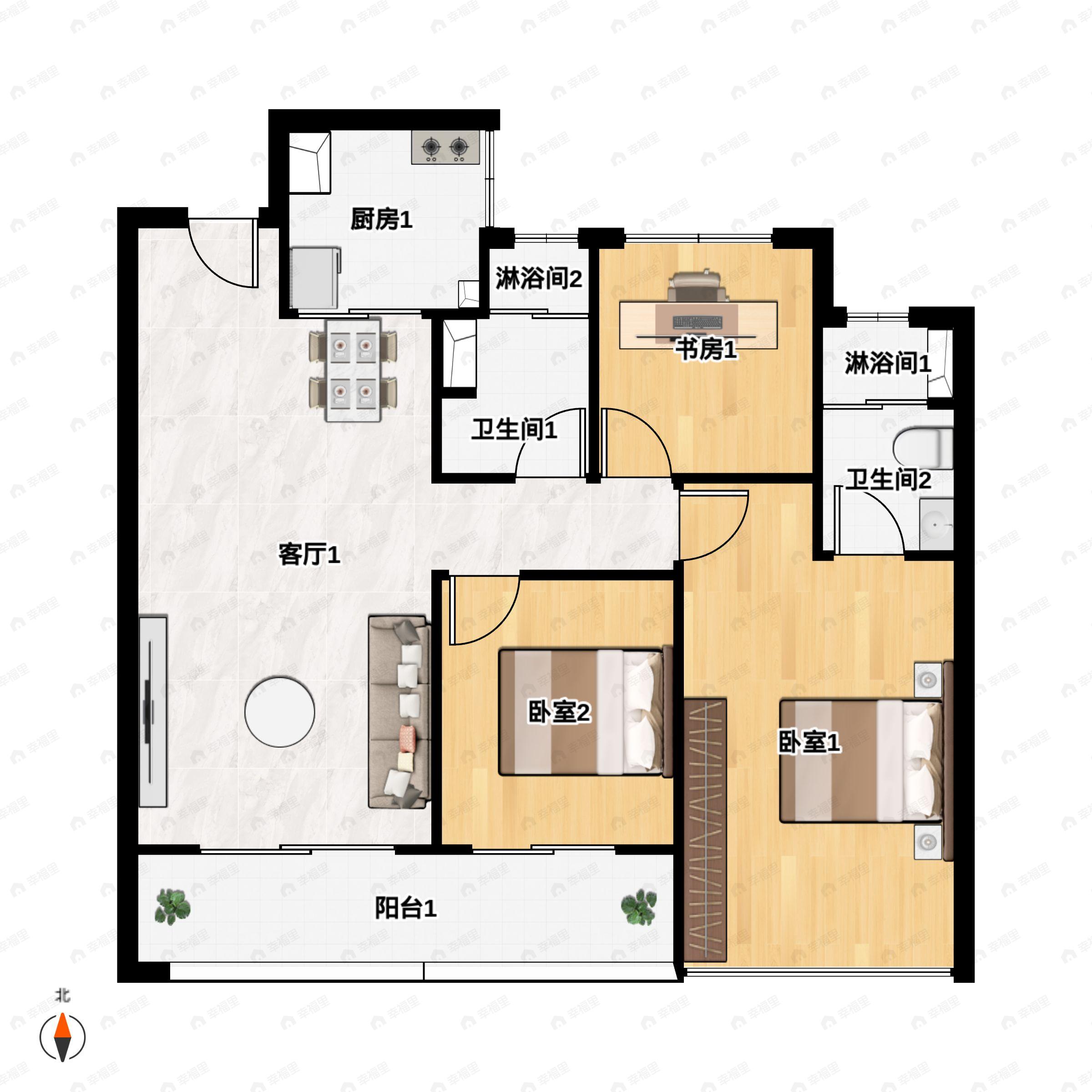 3室2厅2卫建面105平户型图