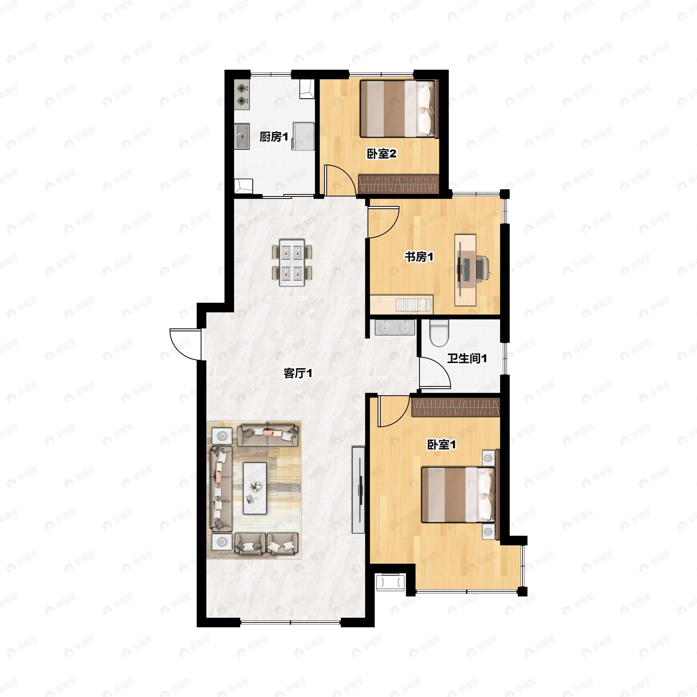 3室2厅1卫建面107m²南户型图