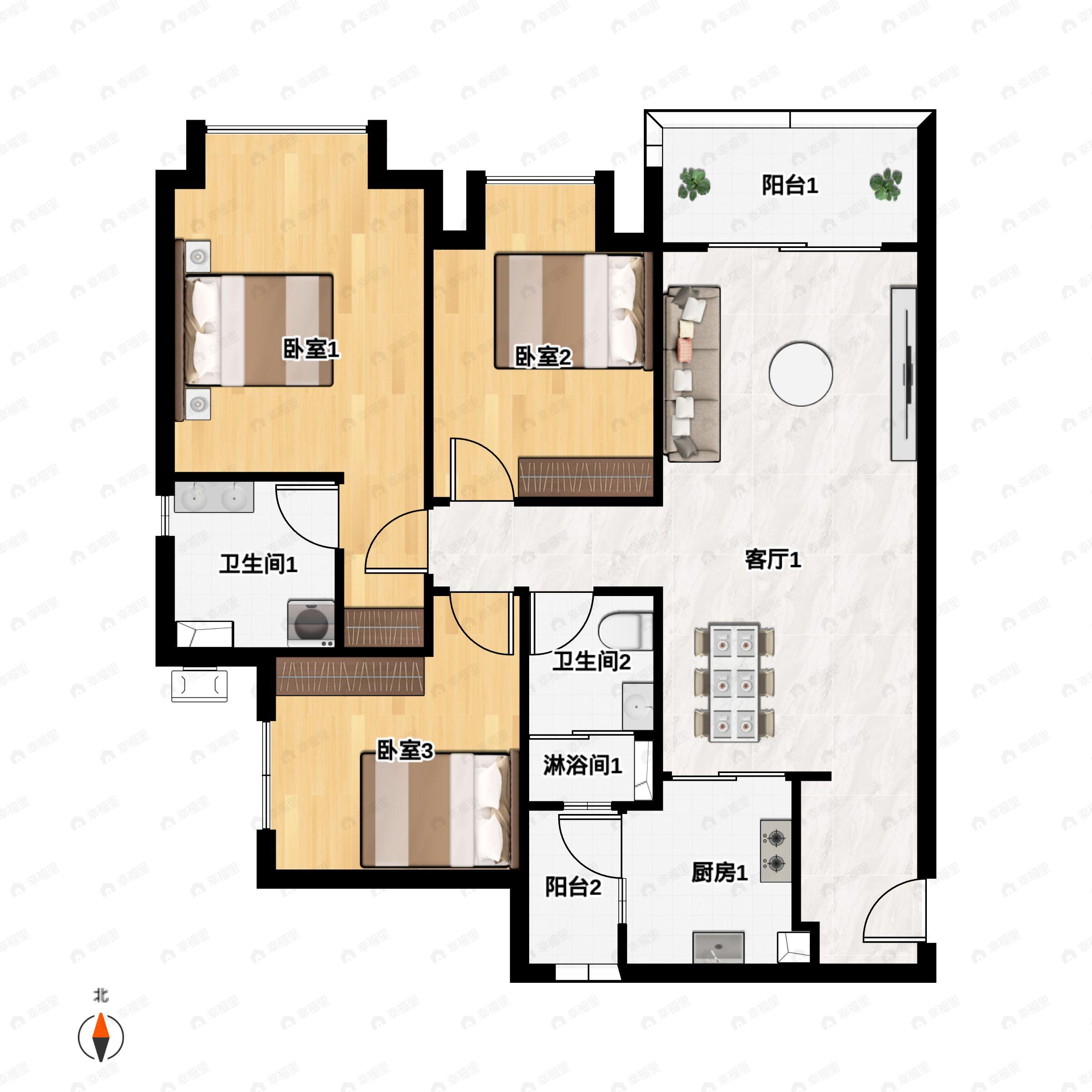 3室2厅2卫建面110平西南|南|东南户型图