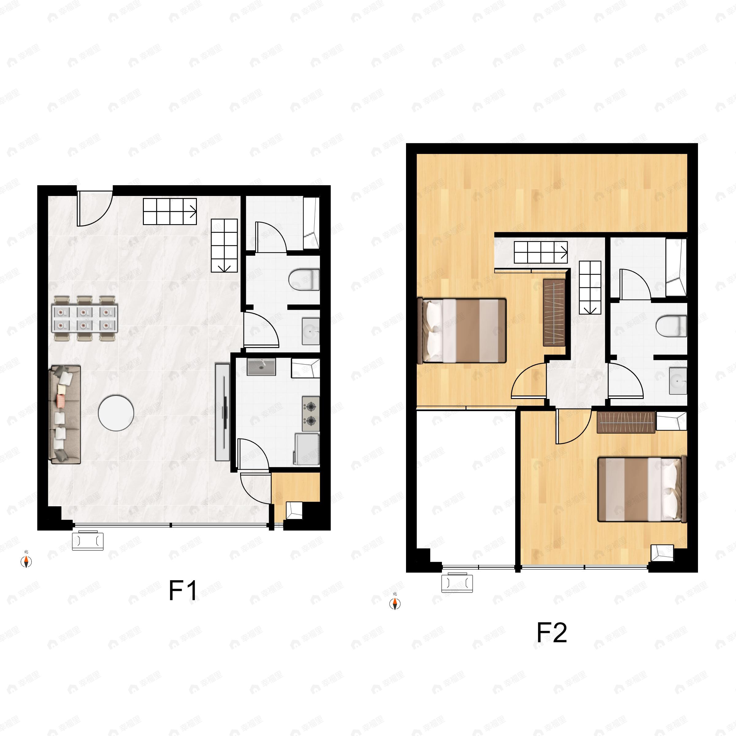 2室2厅2卫建面58平北|南户型图