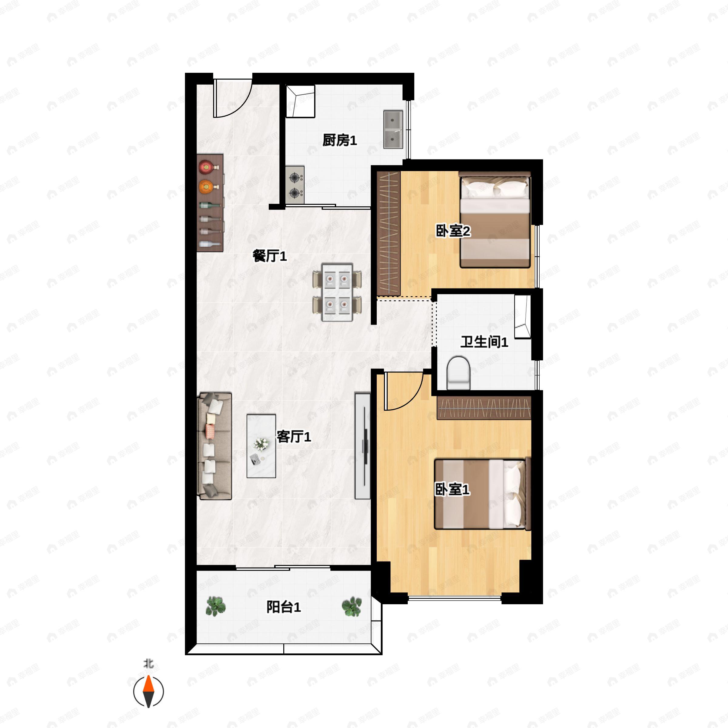 2室2厅1卫建面68平南户型图