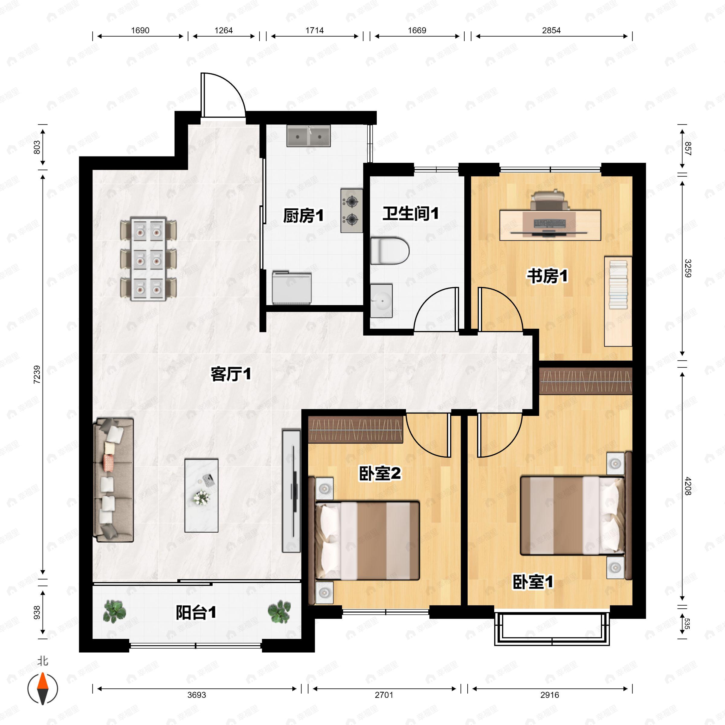 3室2厅1卫建面106平南|北户型图