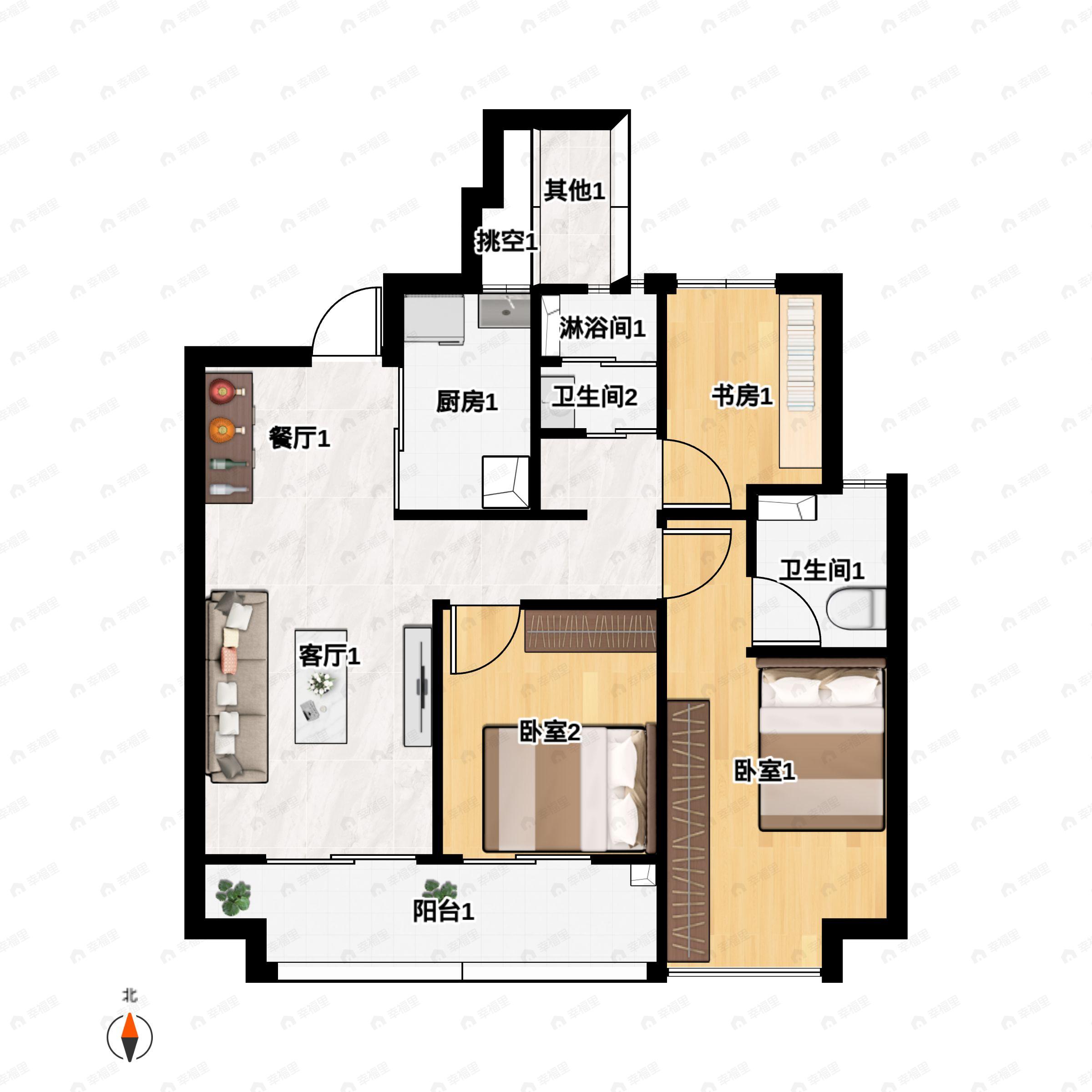 3室2厅2卫建面101平户型图