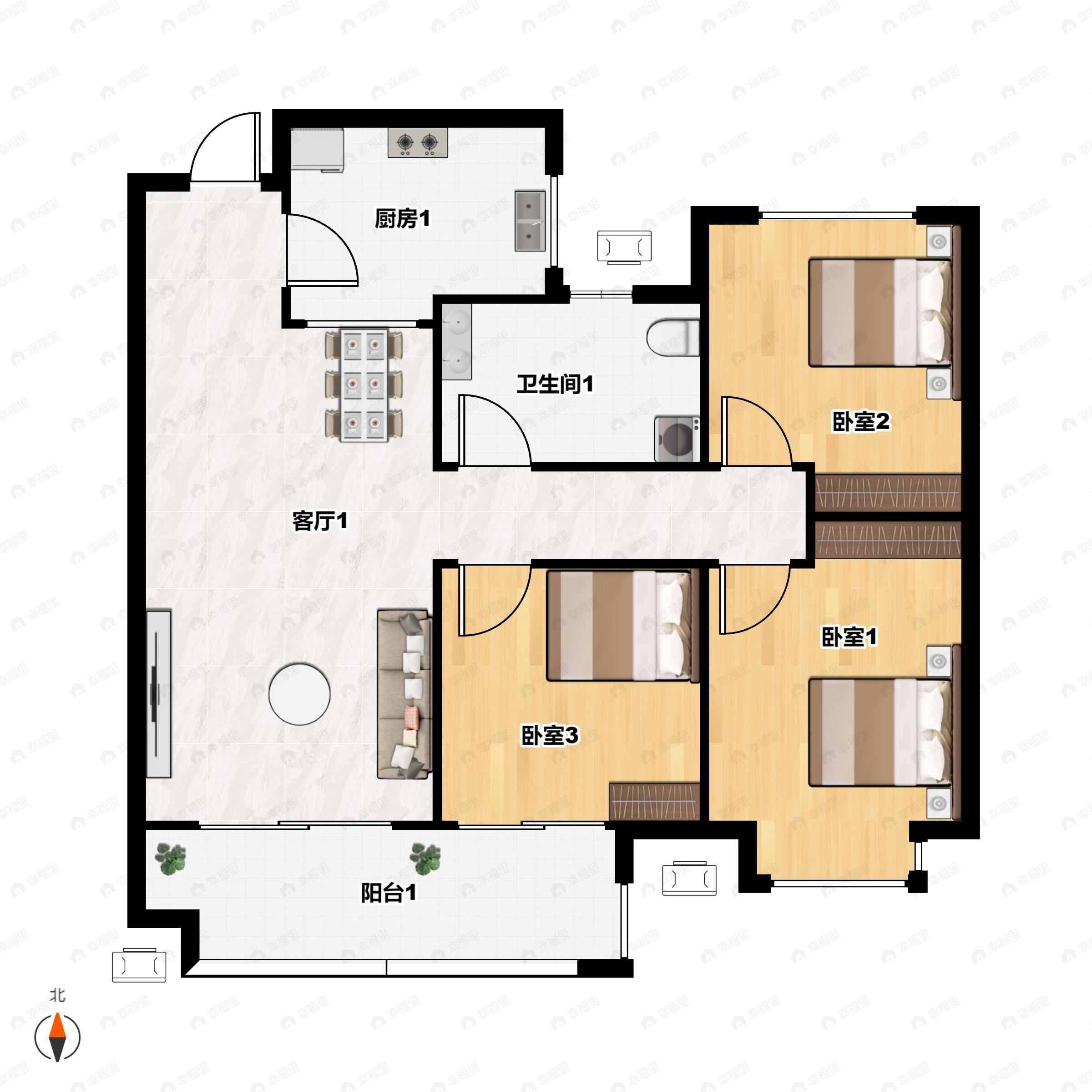 3室2厅1卫建面95平户型图