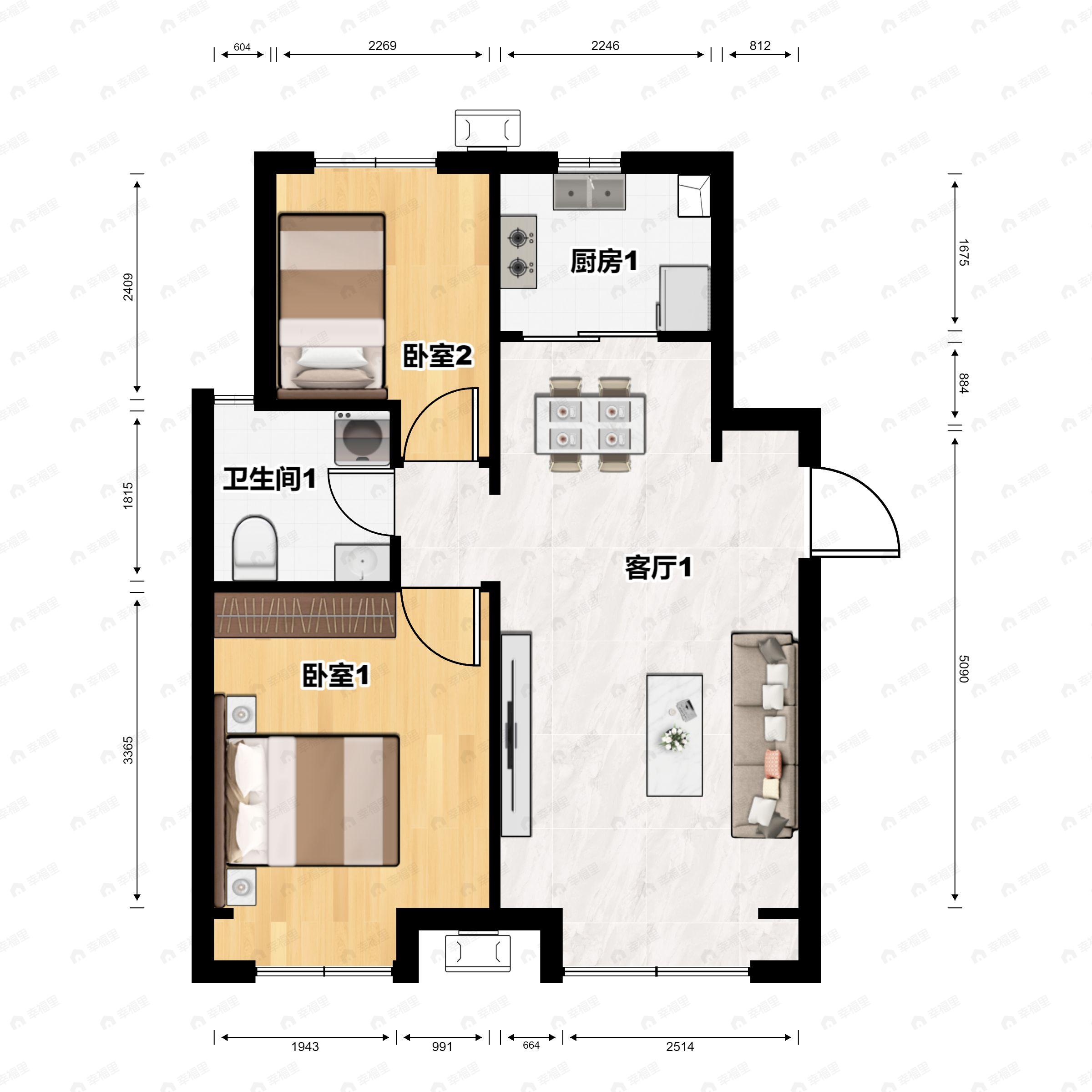 2室2厅1卫建面82m²南户型图