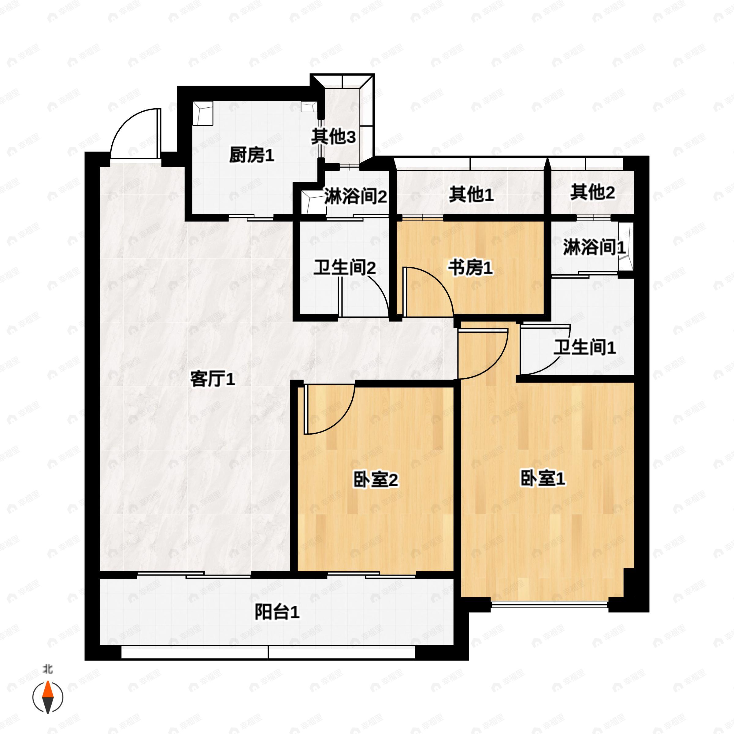 3室2厅2卫建面99m²南户型图