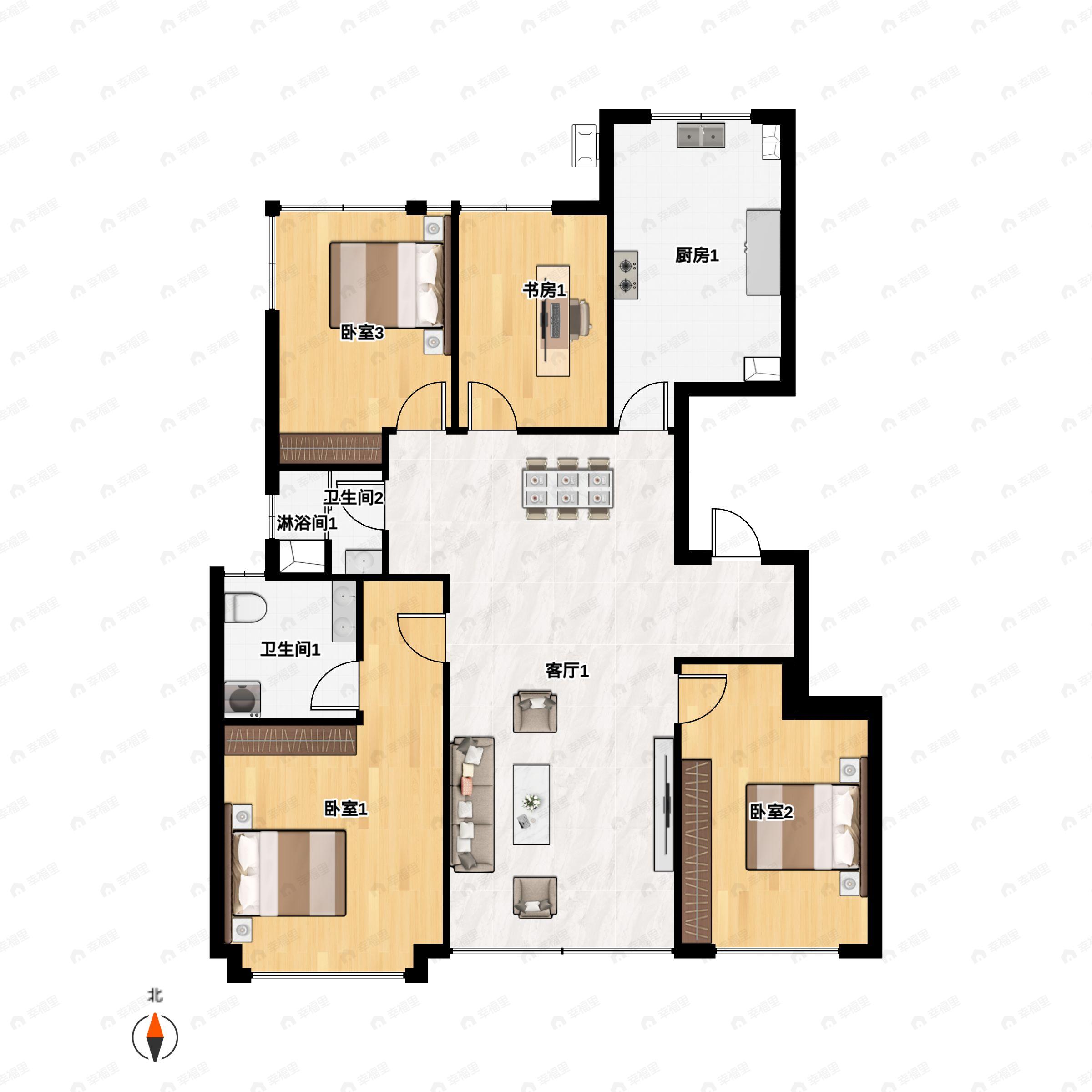 4室2厅2卫建面137平北|南户型图