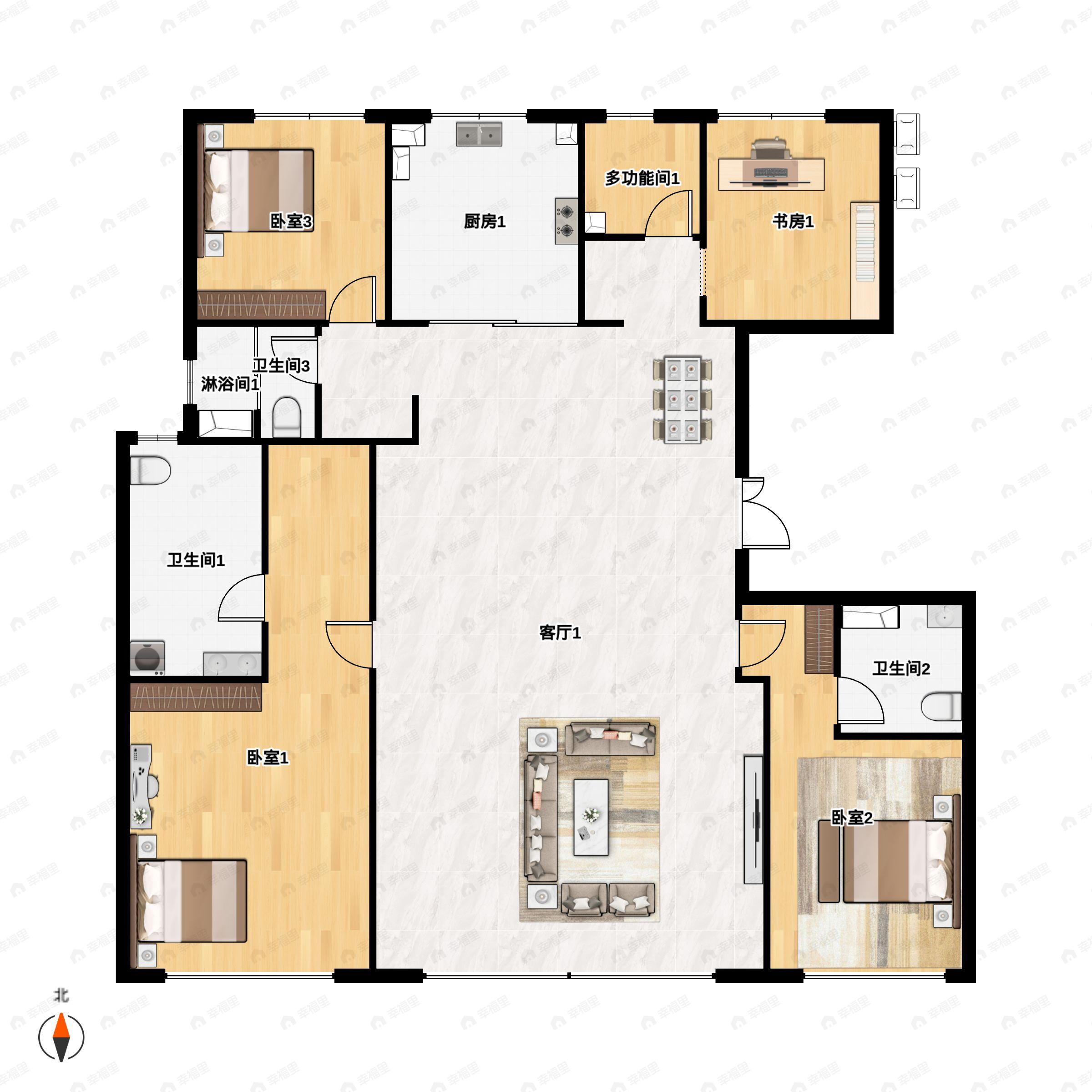 4室2厅3卫建面222平北|南户型图