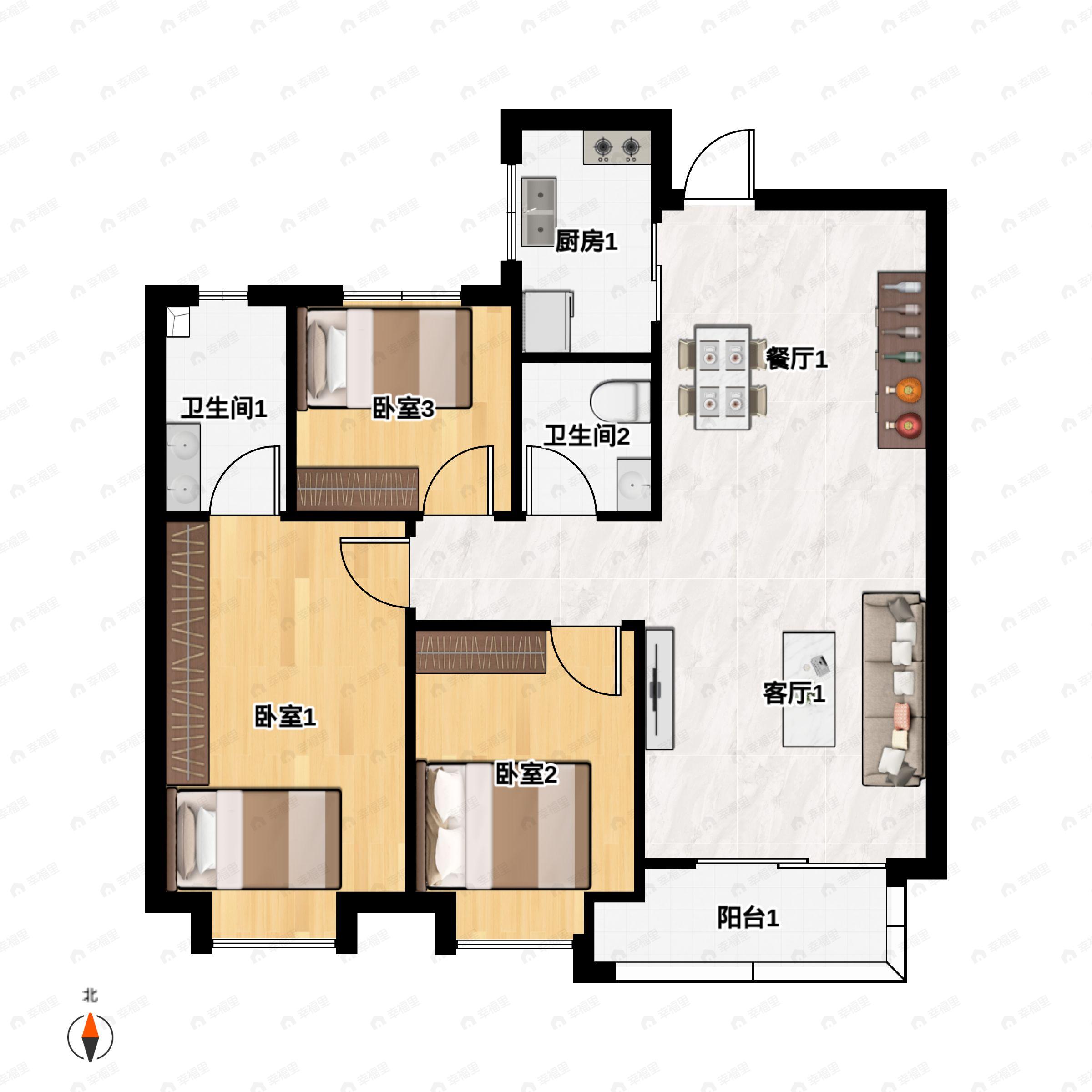 3室2厅2卫建面105平户型图