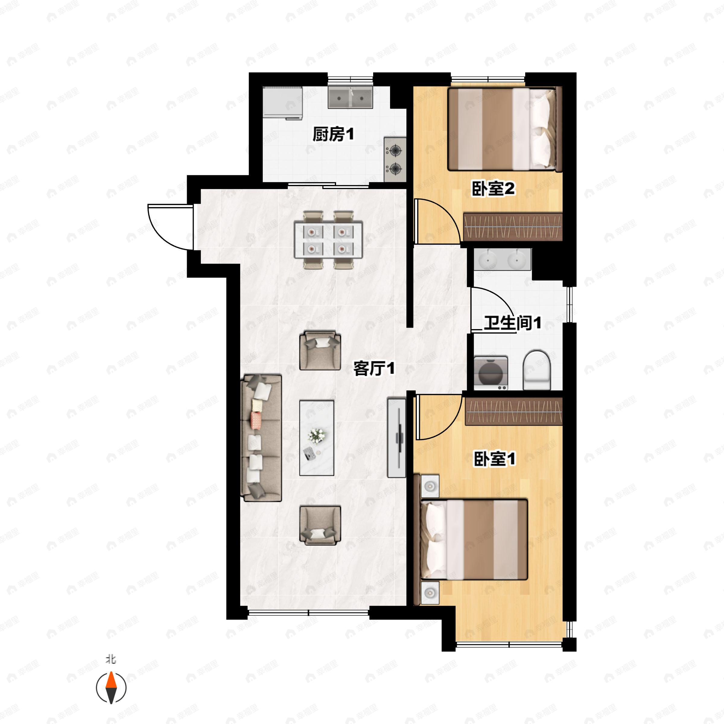 2室2厅1卫建面85平南户型图