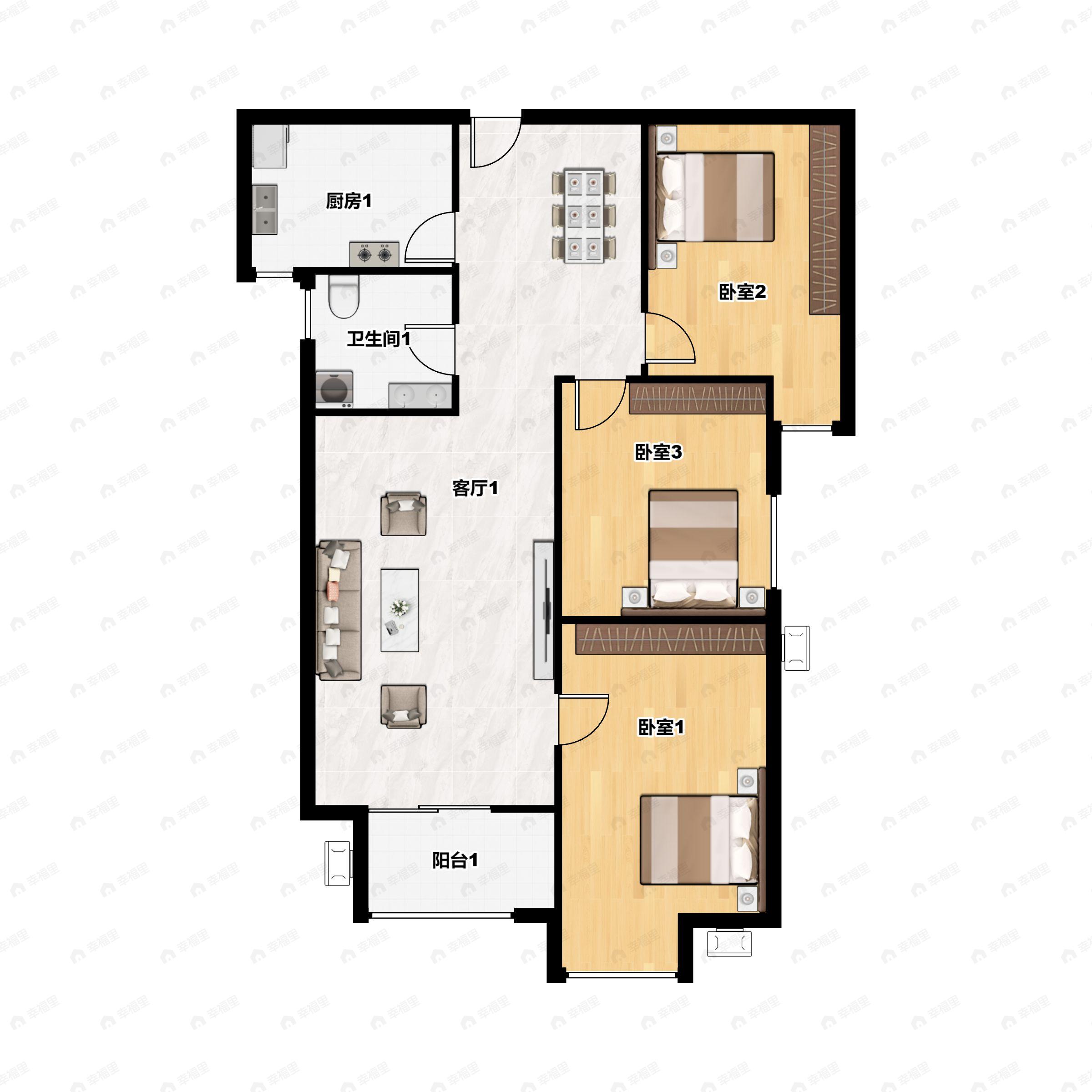 3室2厅1卫建面94m²南户型图