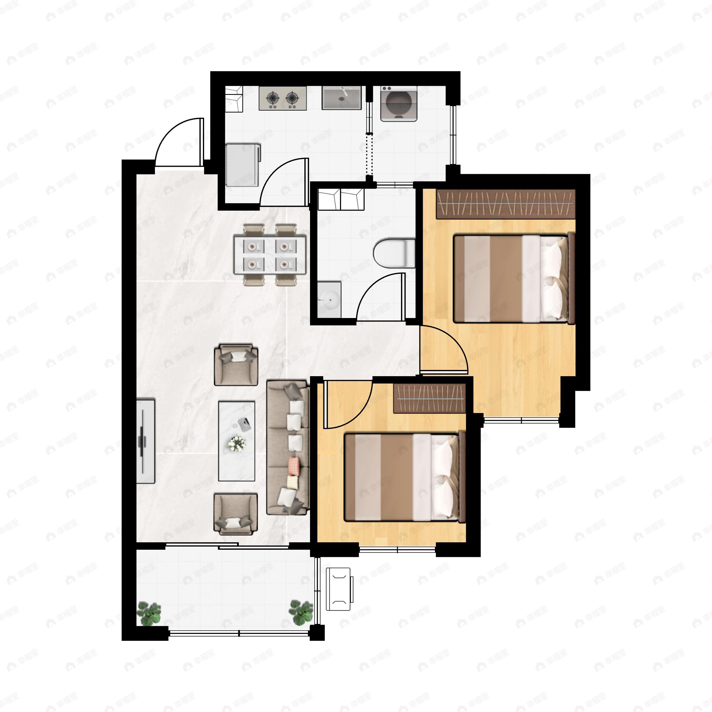 2室2厅1卫建面81m²南户型图