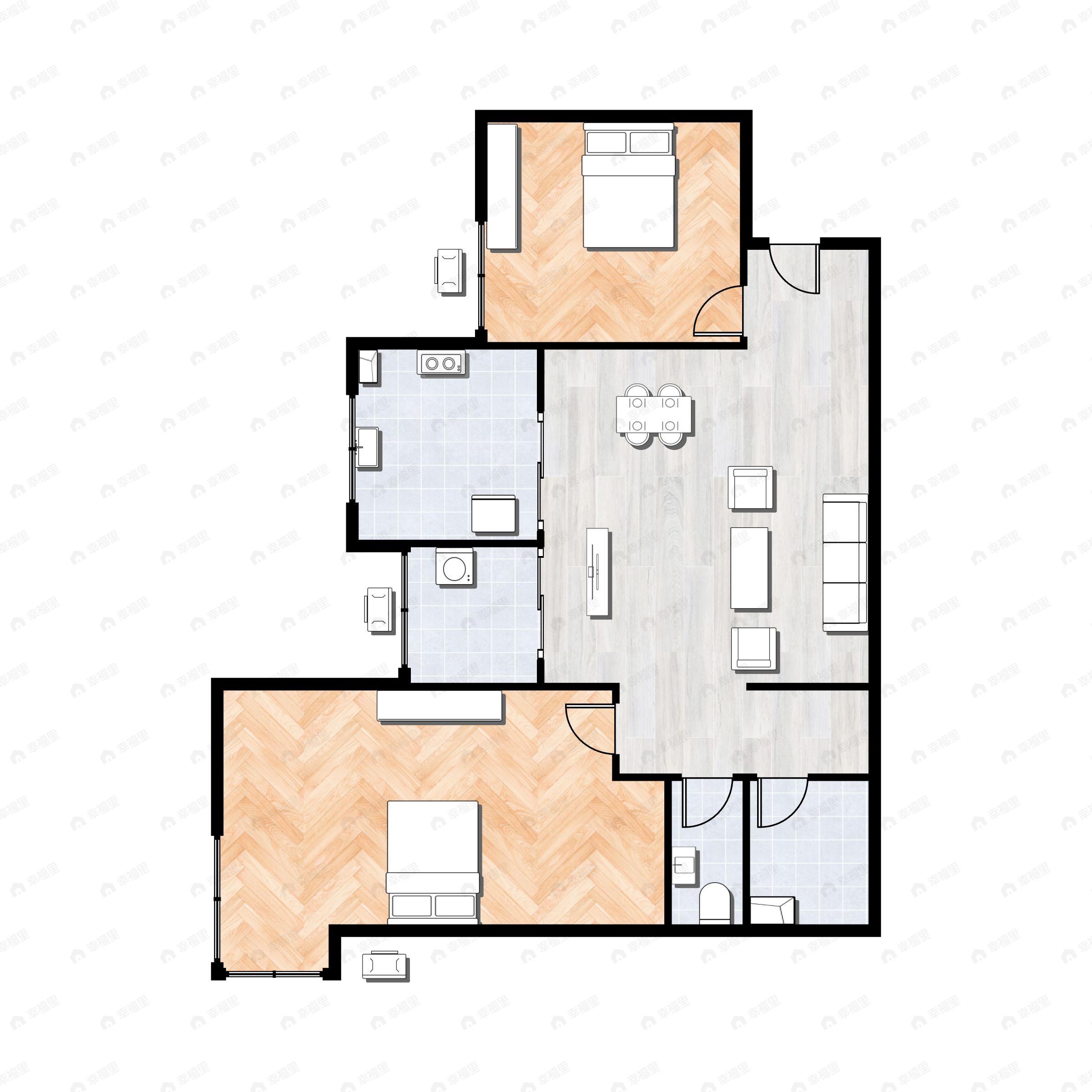 2室2厅1卫建面89m²西户型图