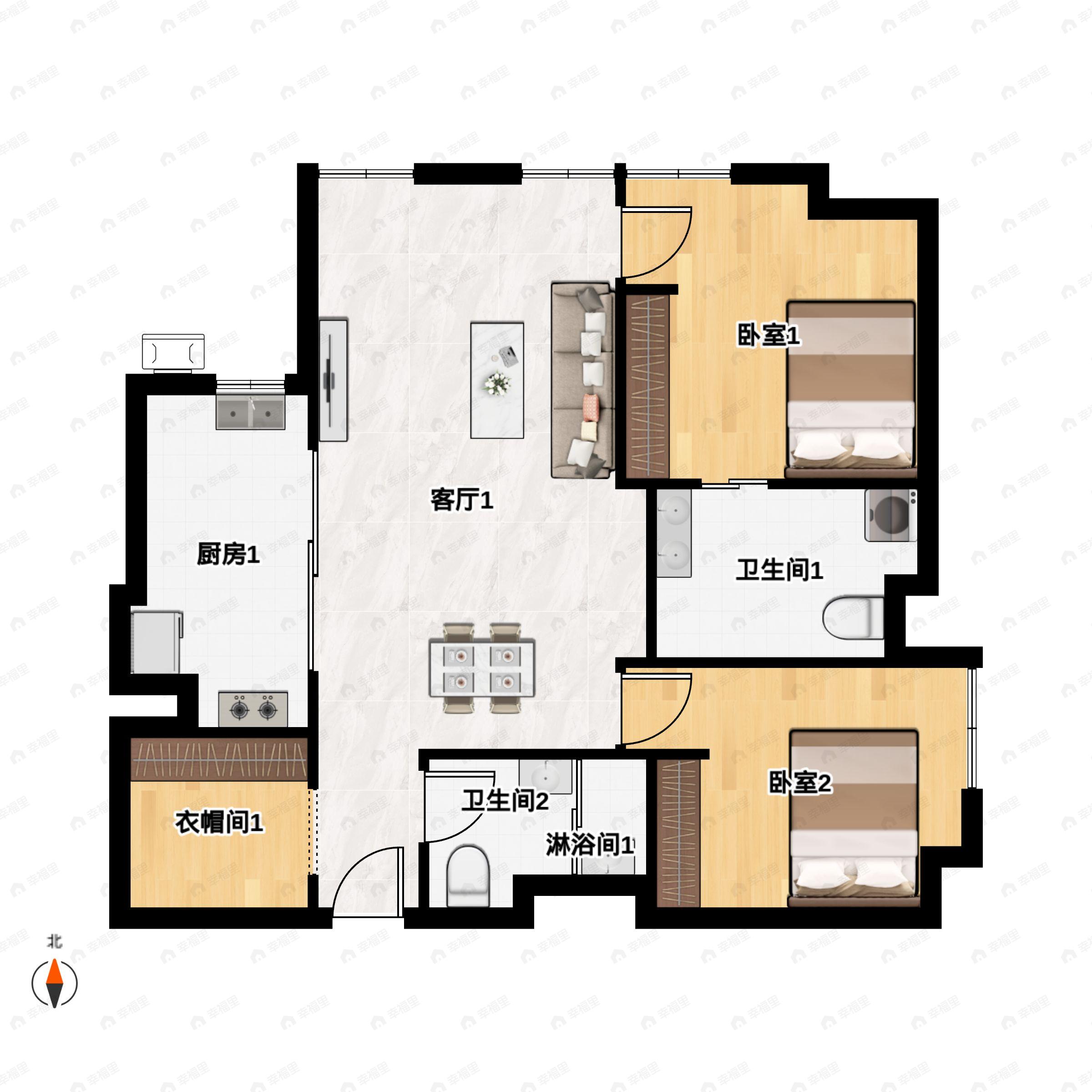 2室2厅2卫建面113平户型图
