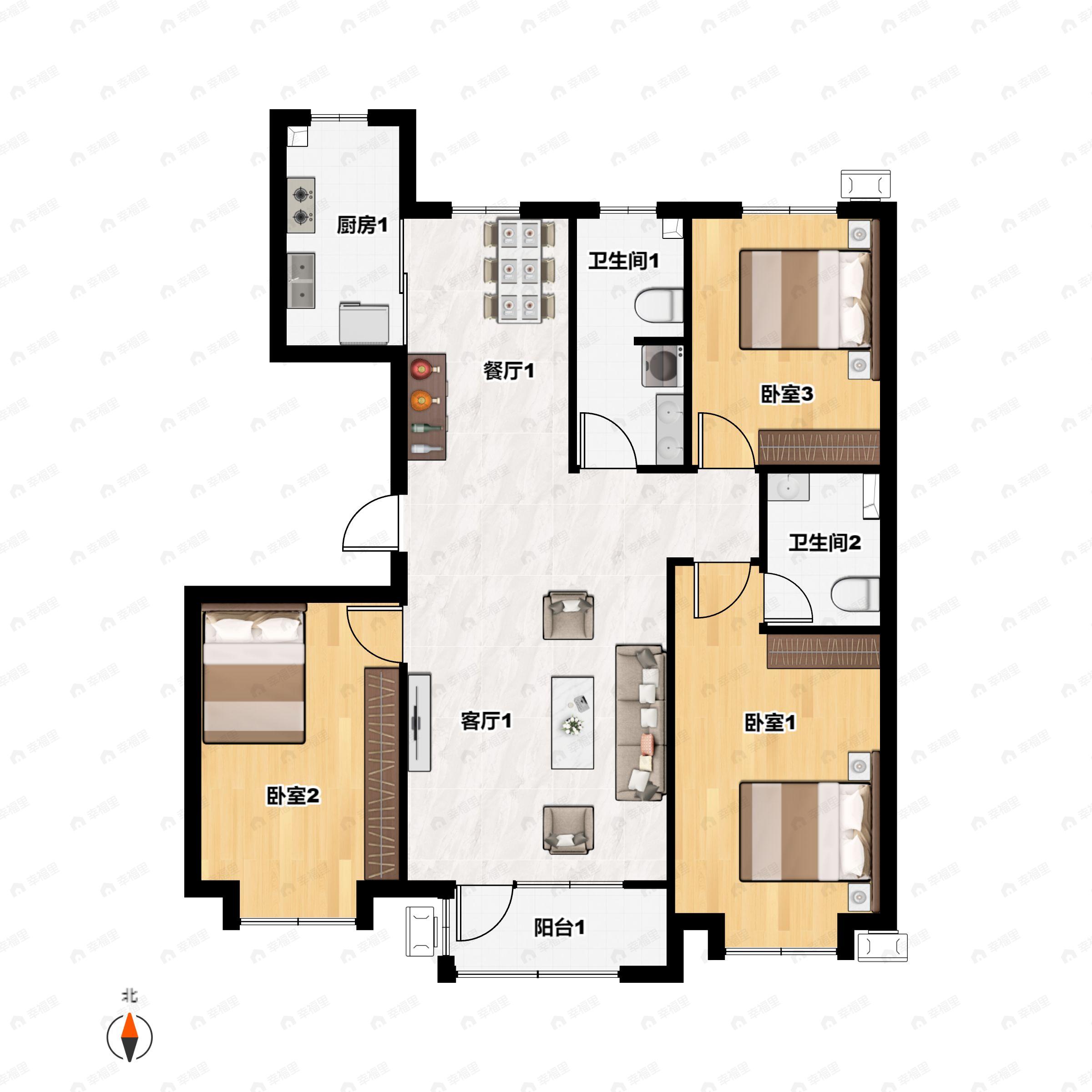 3室2厅2卫建面131平北|南户型图