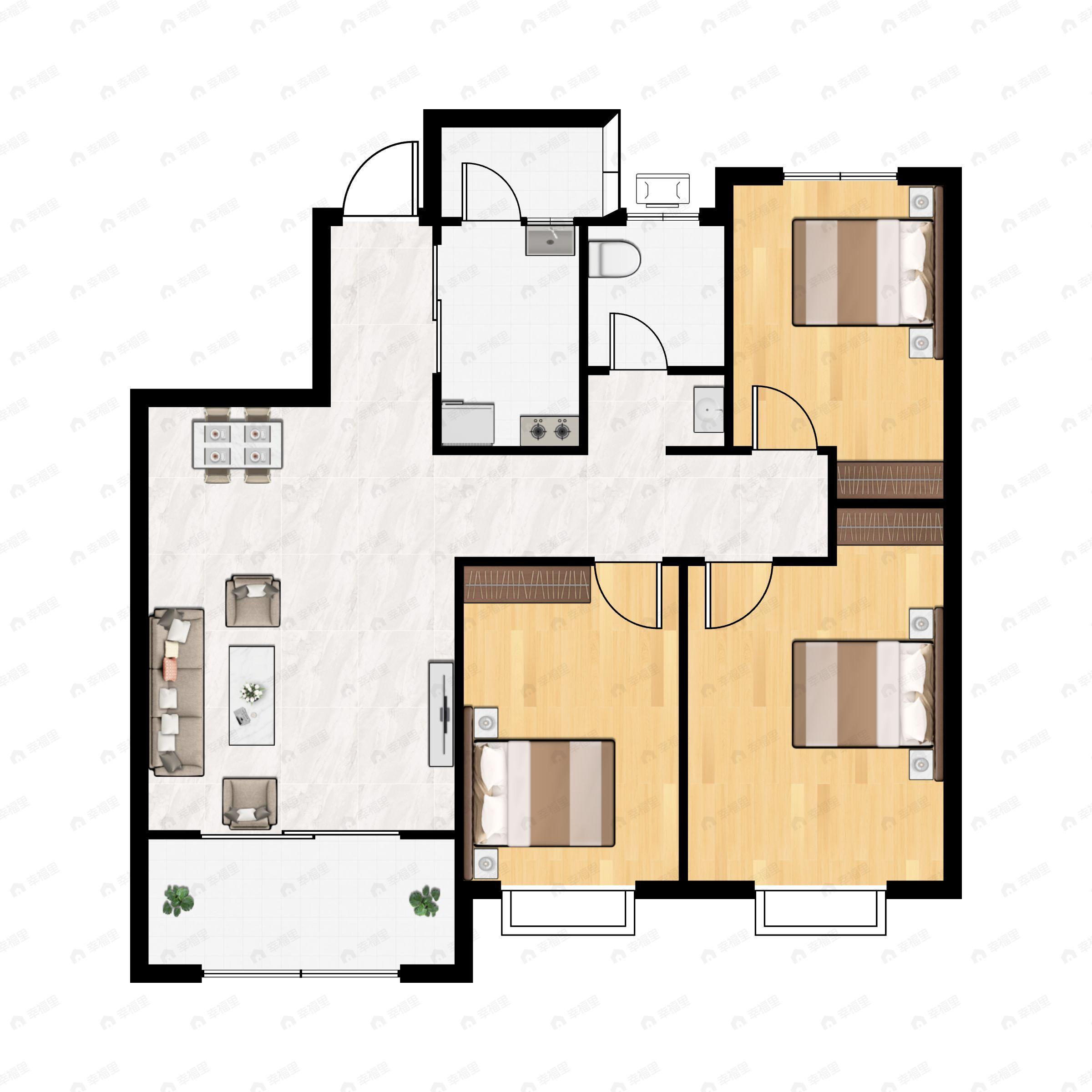3室2厅1卫建面105m²南户型图