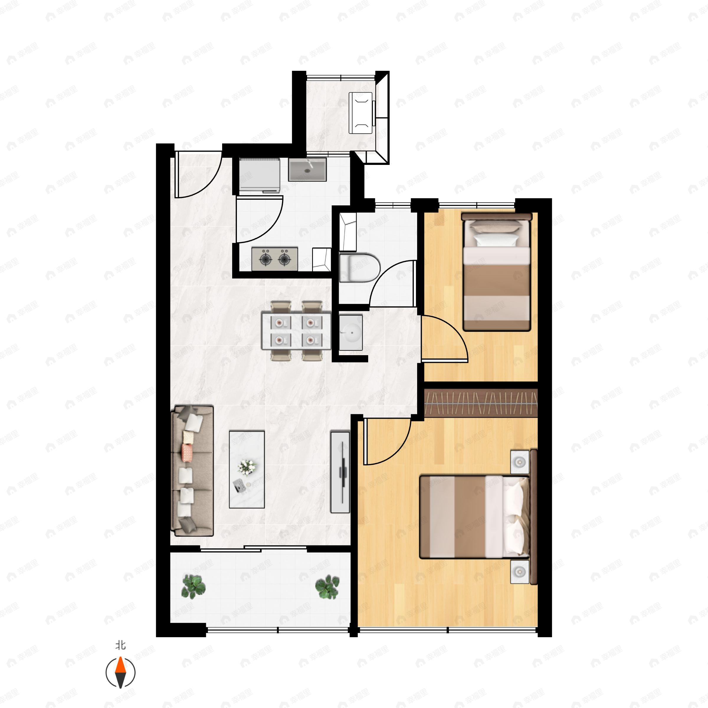 2室2厅1卫建面69m²南户型图