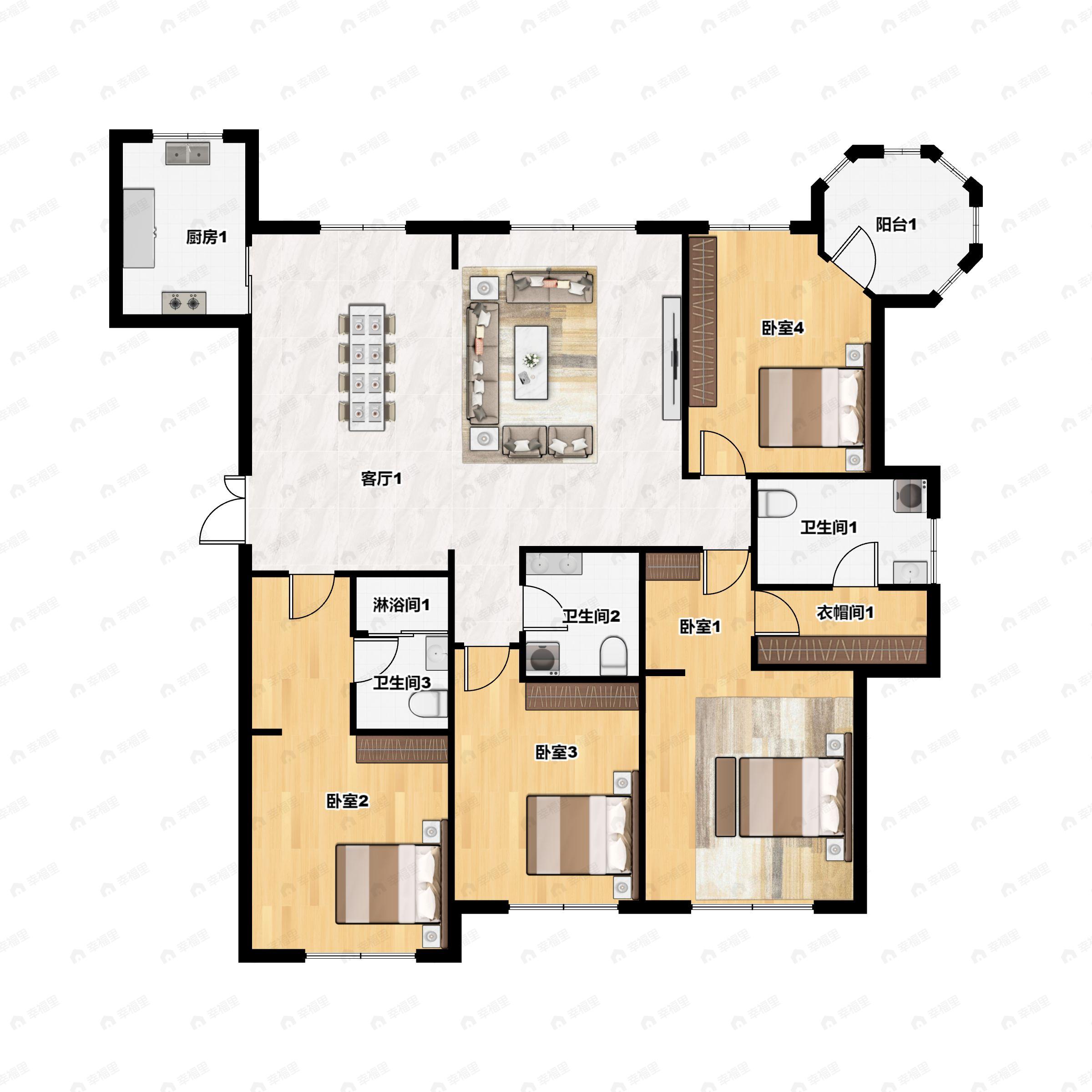 4室2厅3卫建面213平南|北户型图
