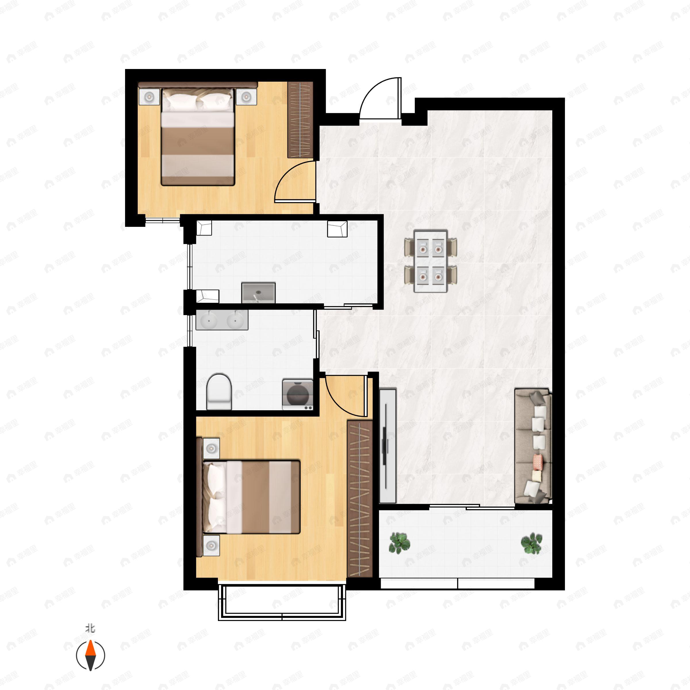 2室2厅1卫建面80m²南户型图