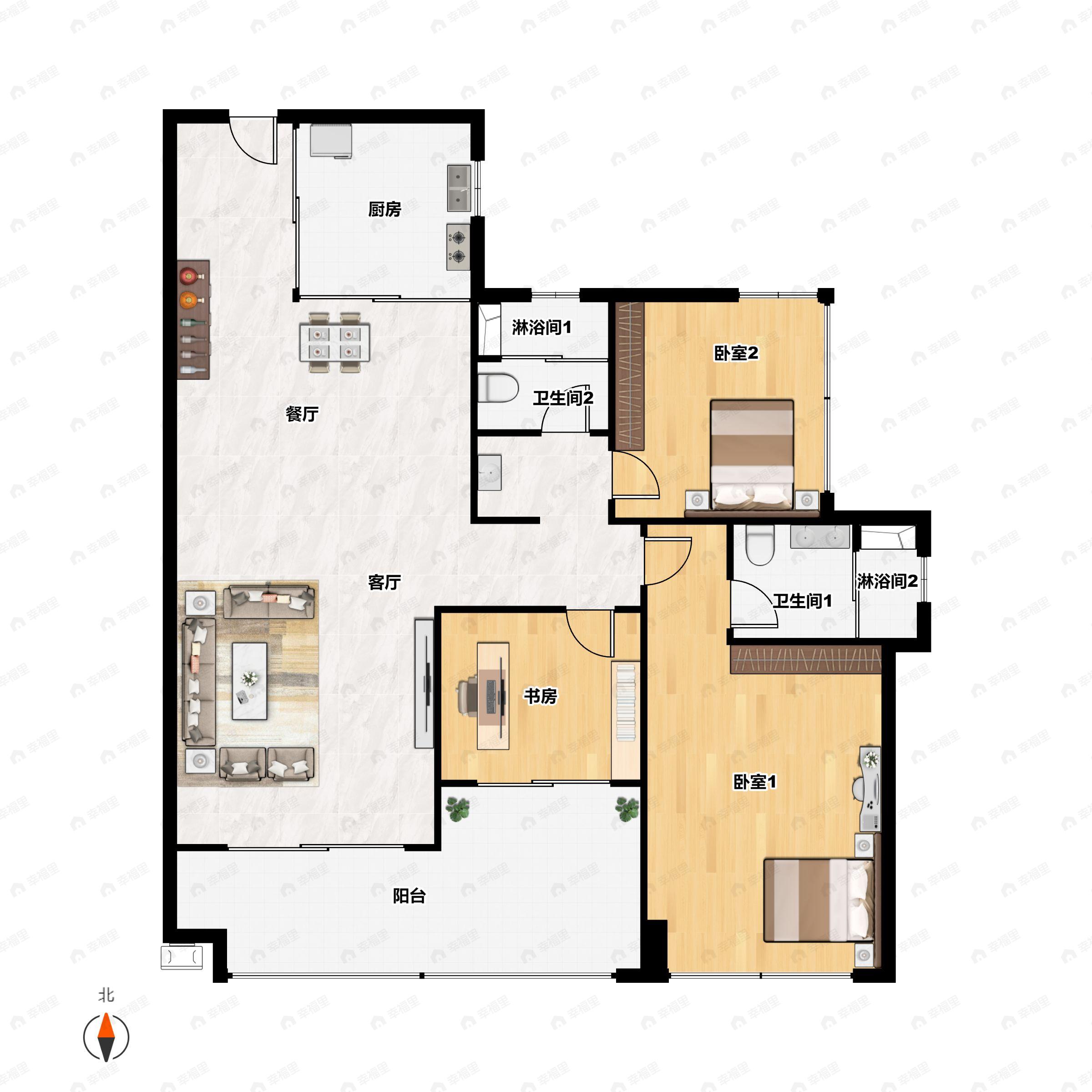 3室2厅2卫建面100平户型图