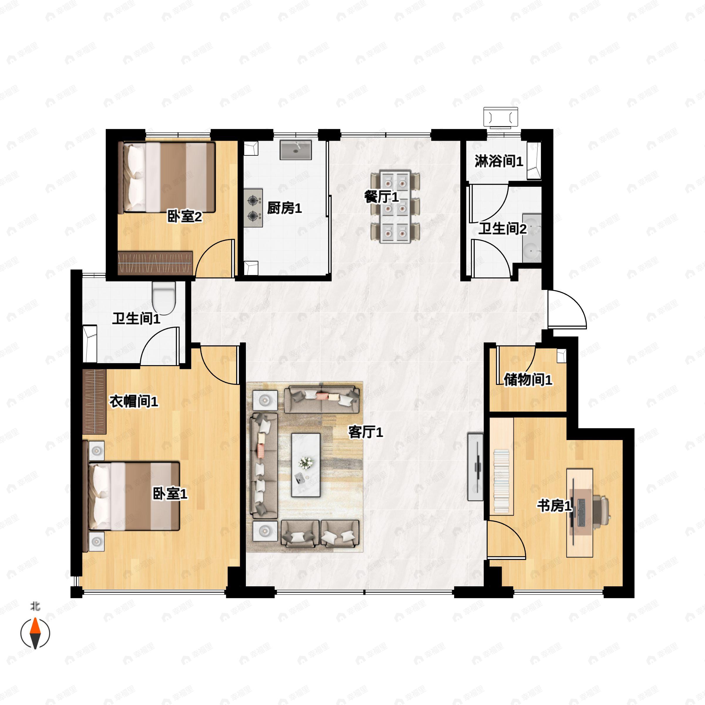 3室2厅2卫建面127平户型图