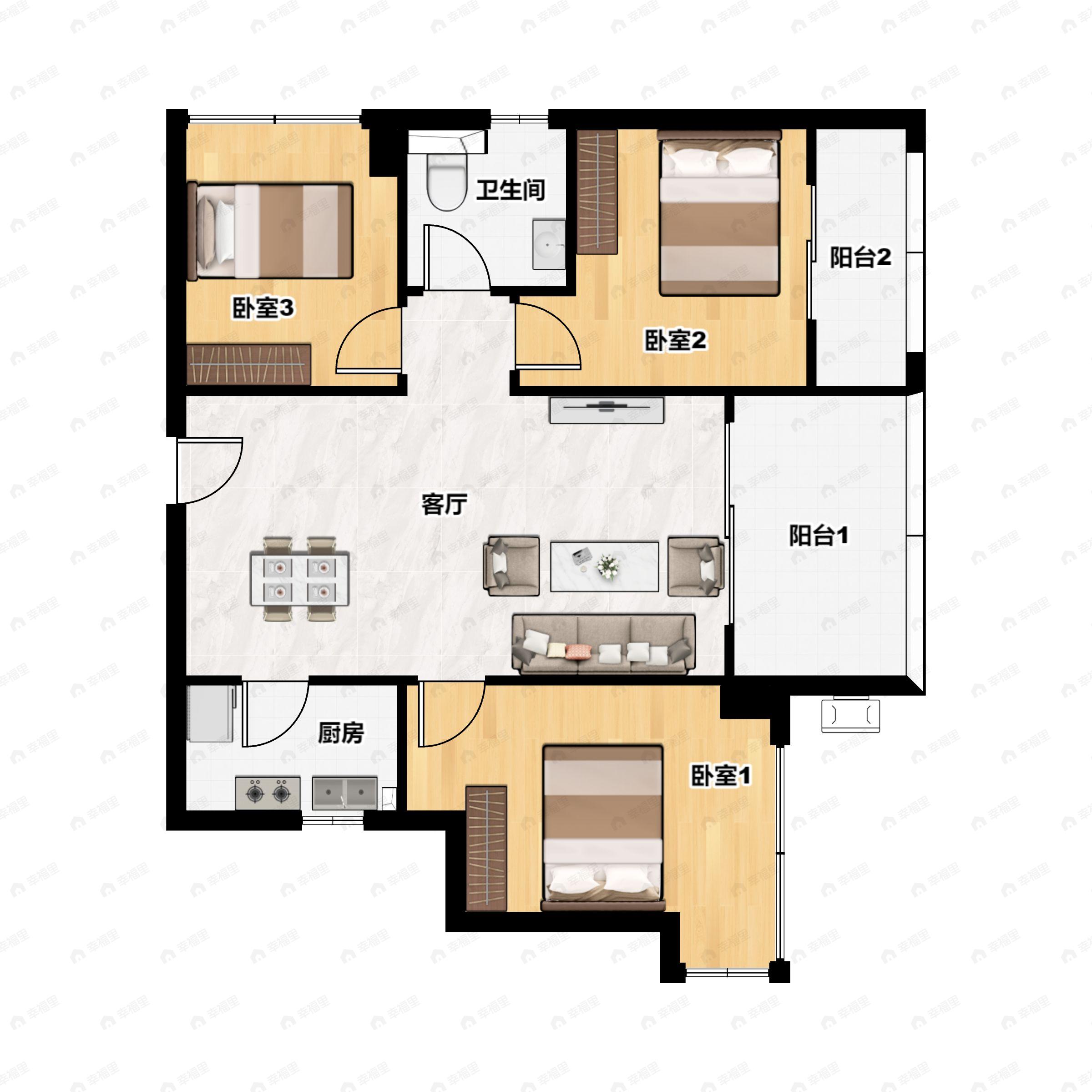 3室2厅1卫建面90平户型图