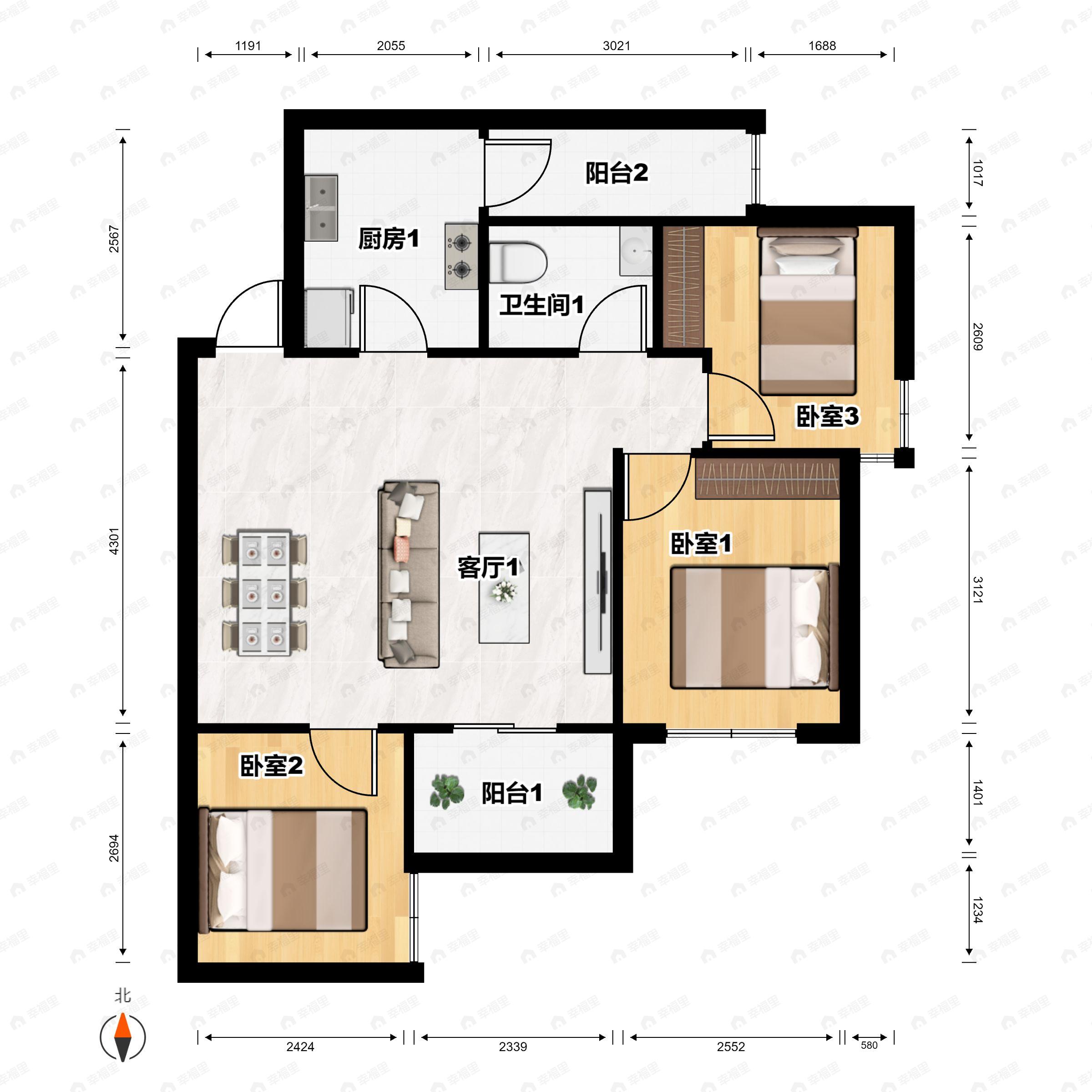 3室2厅1卫建面68平户型图