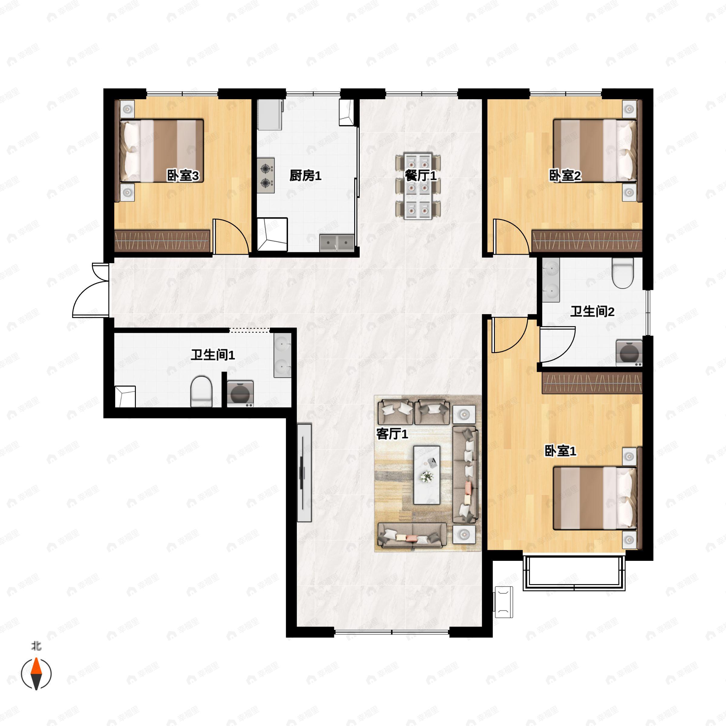 3室2厅2卫建面136平南|北户型图