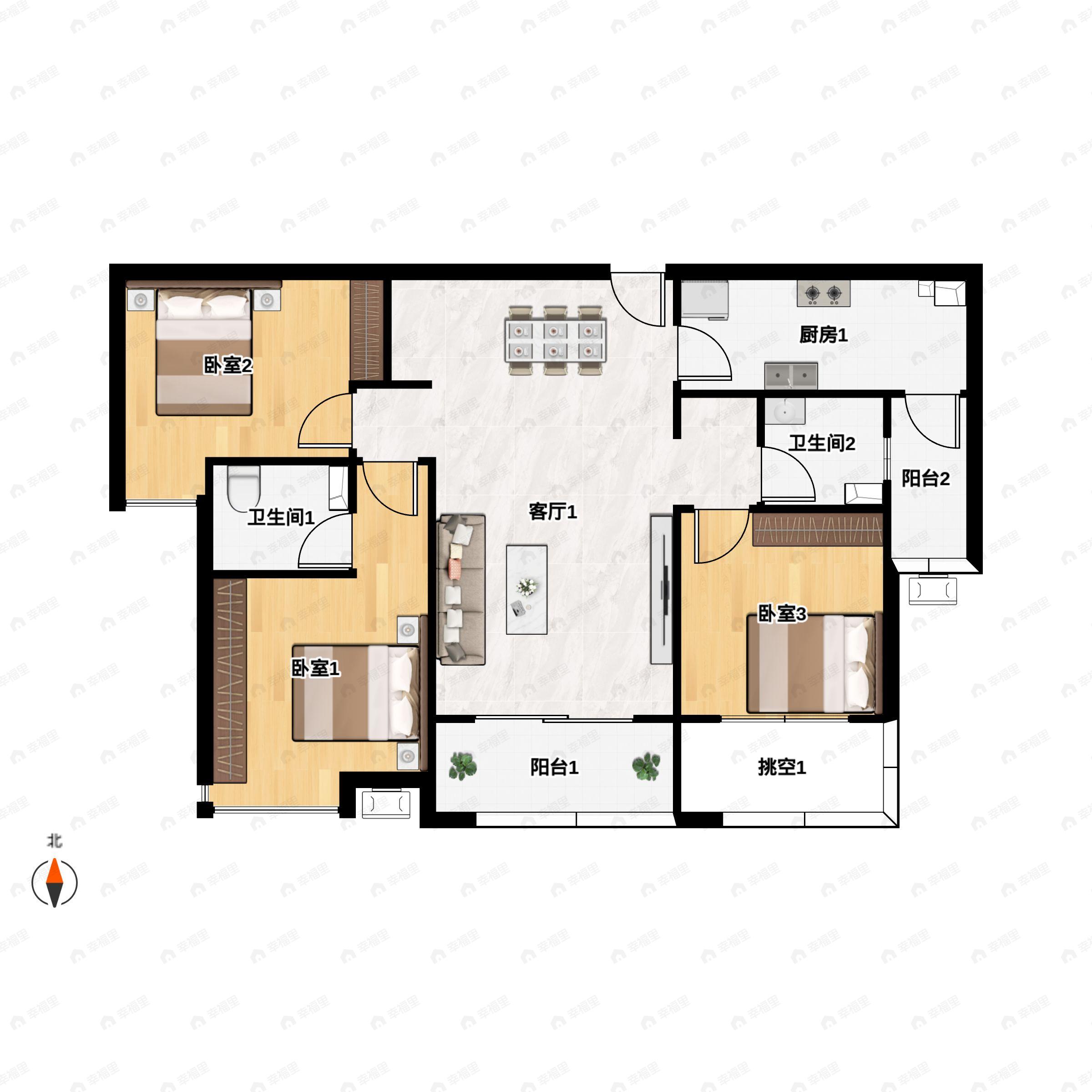3室2厅2卫建面114m²南户型图