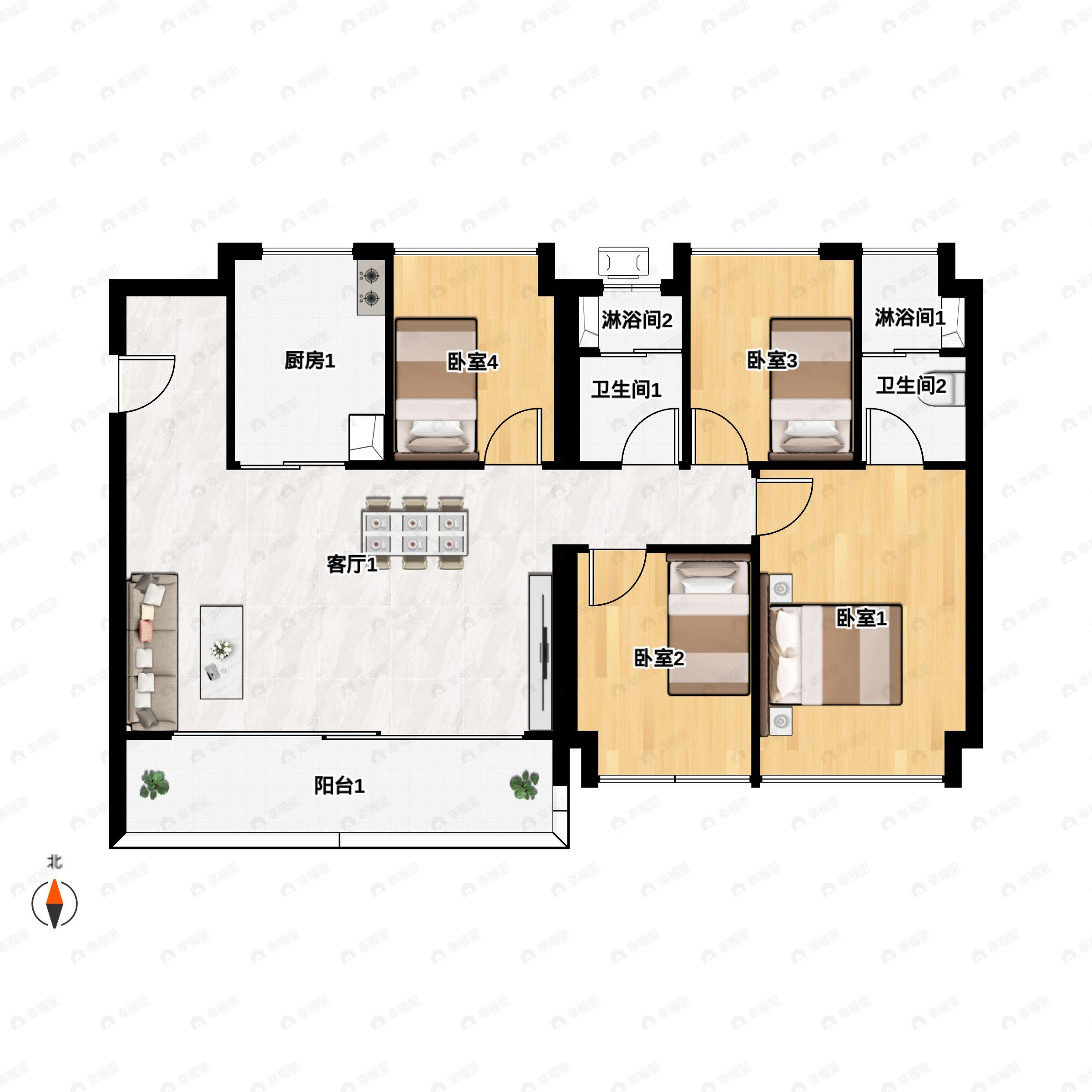 4室2厅2卫建面129平西南|东南户型图