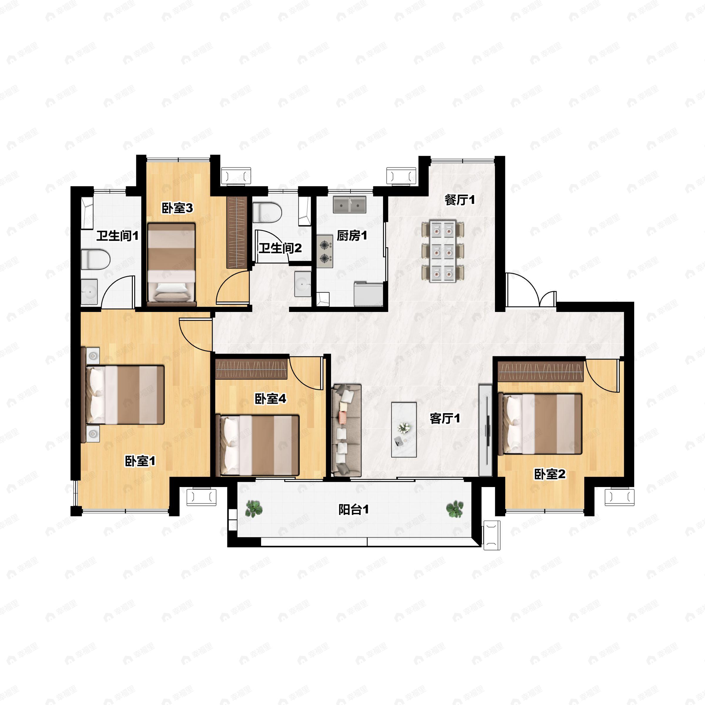 4室2厅2卫建面126平南户型图