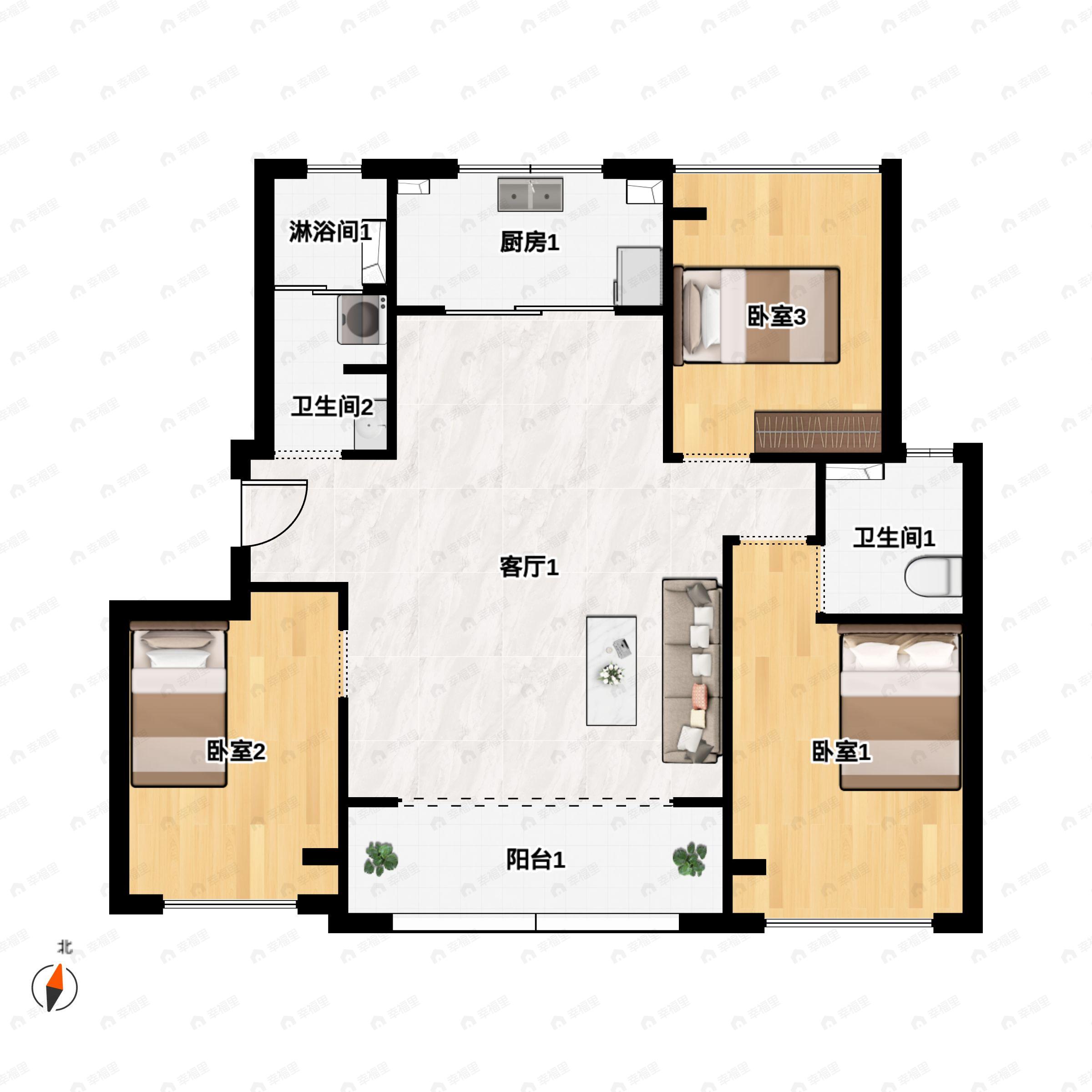 3室2厅2卫建面116m²南户型图