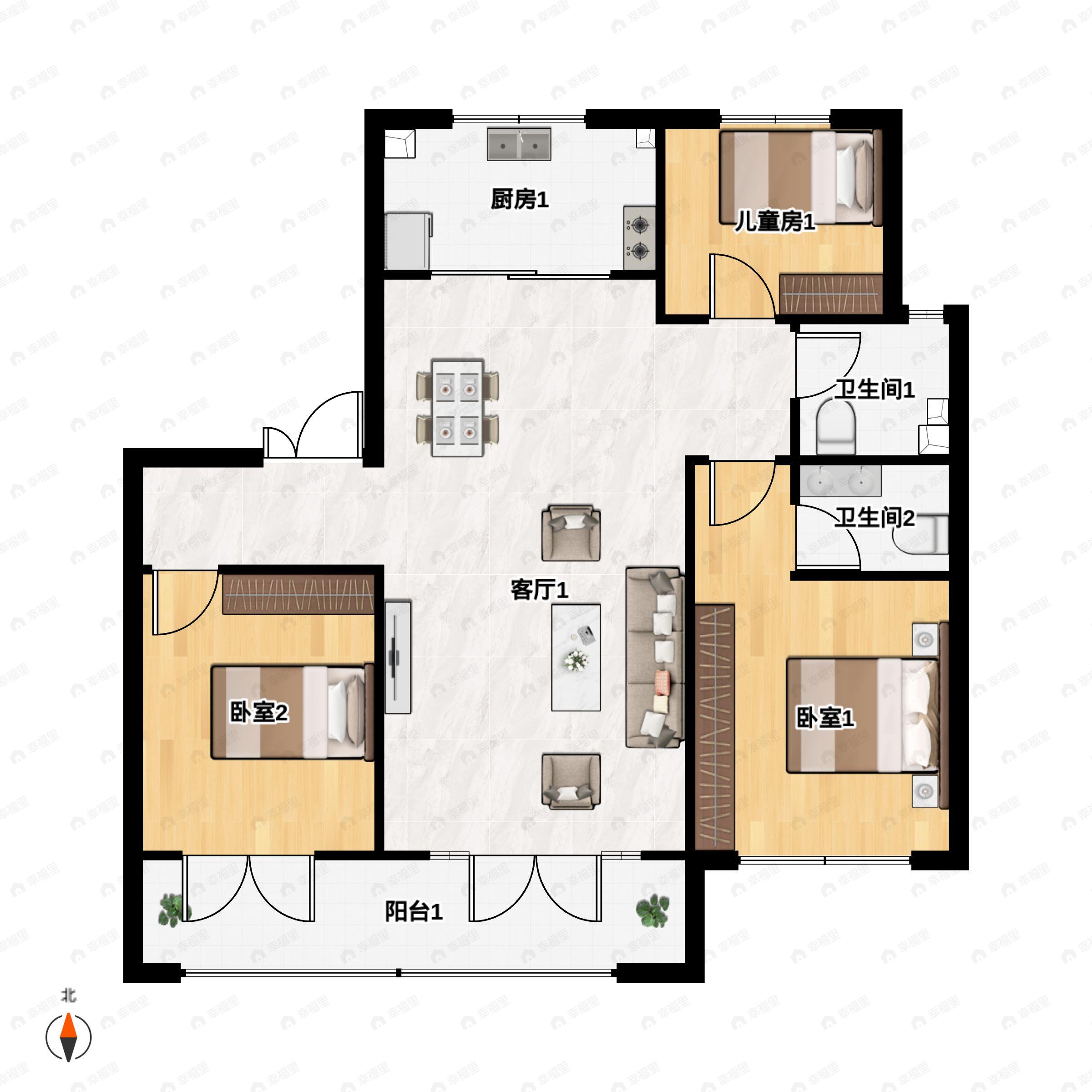 3室2厅2卫建面129平南户型图