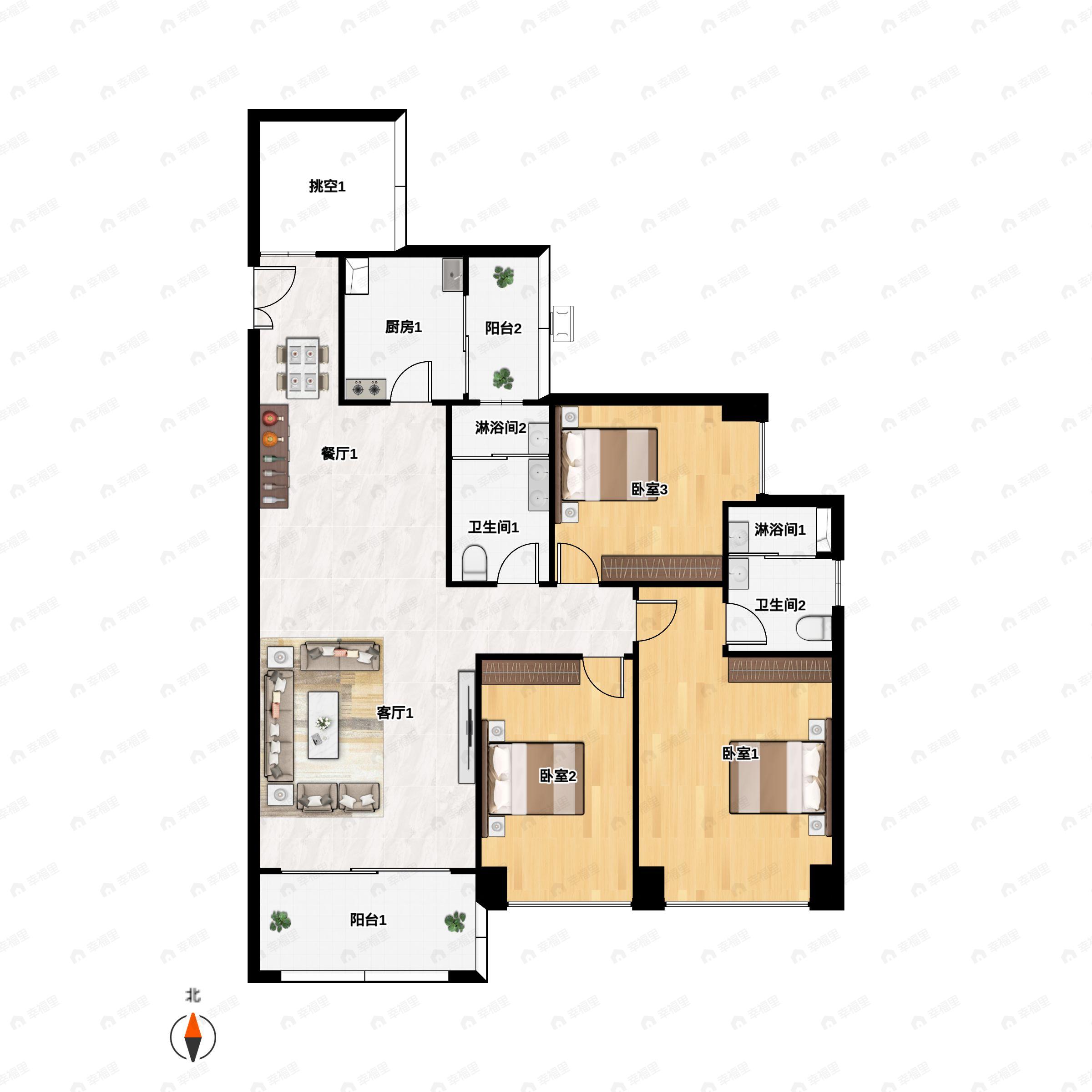 3室2厅2卫建面118平户型图