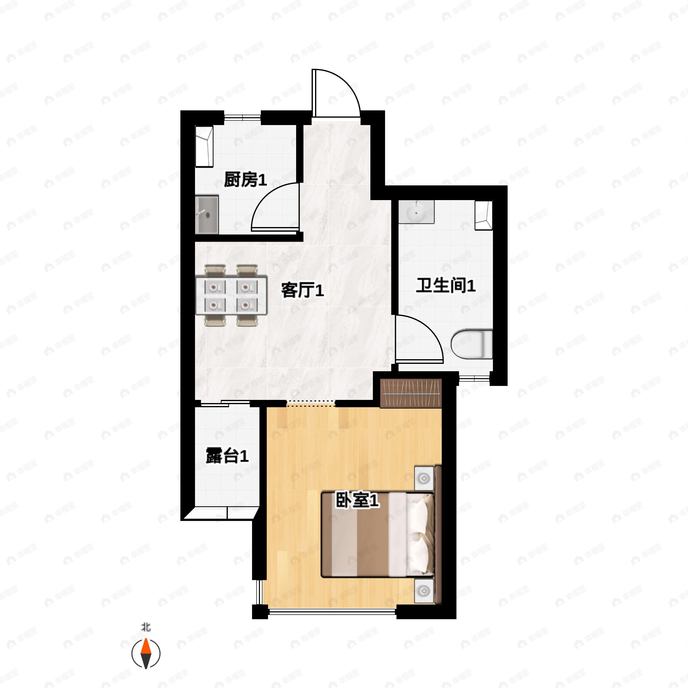 1室1厅1卫建面50m²南户型图