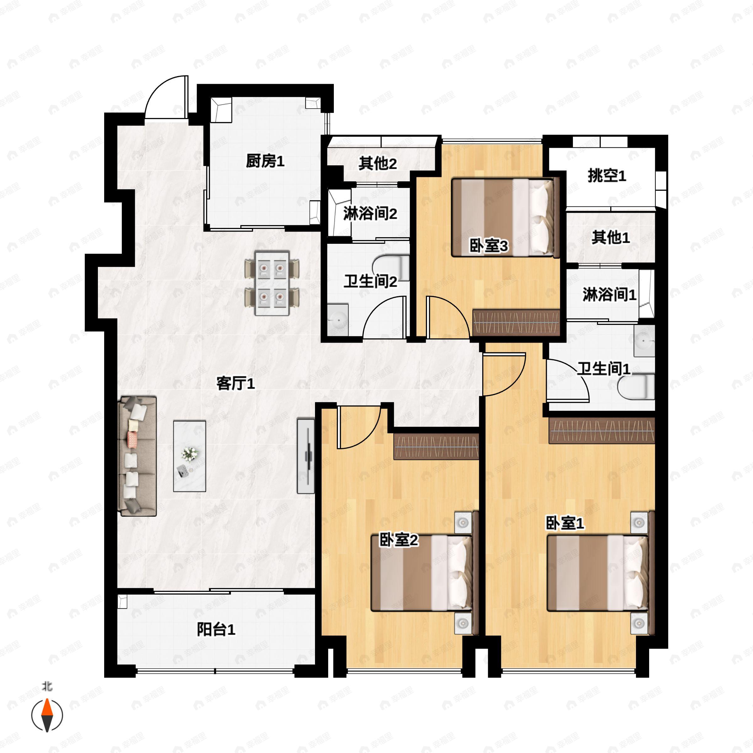 3室2厅2卫建面120平户型图