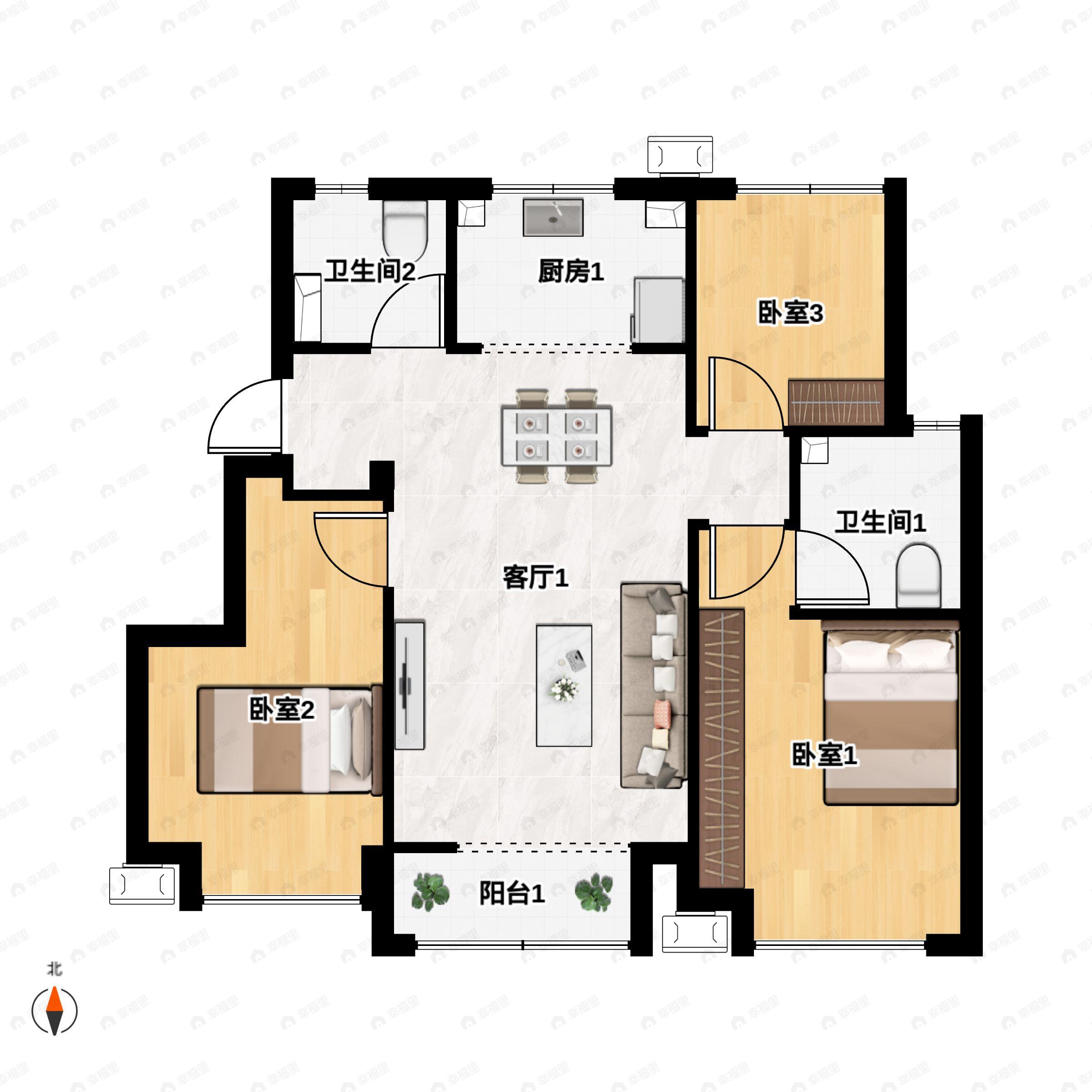 3室2厅2卫建面95平北|南户型图