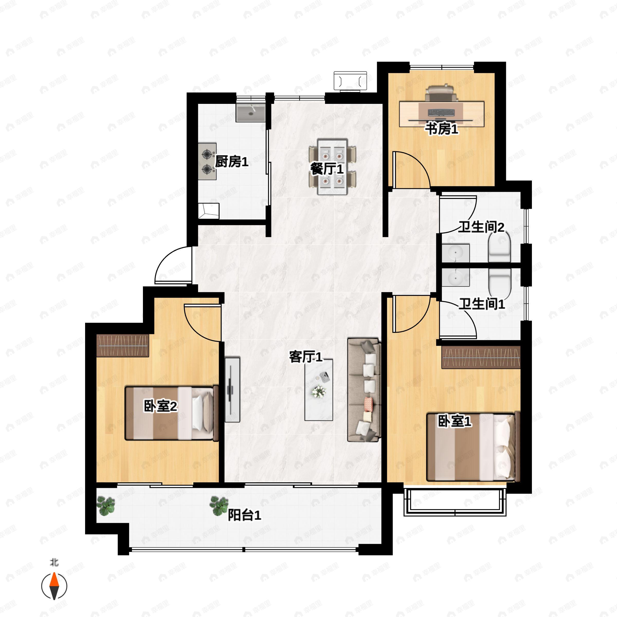3室2厅2卫建面122平南户型图