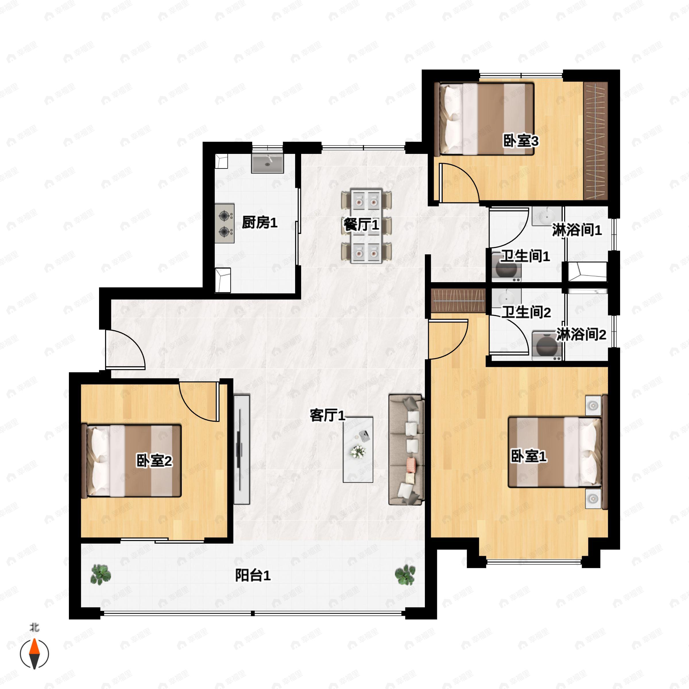 3室2厅2卫建面130m²南户型图