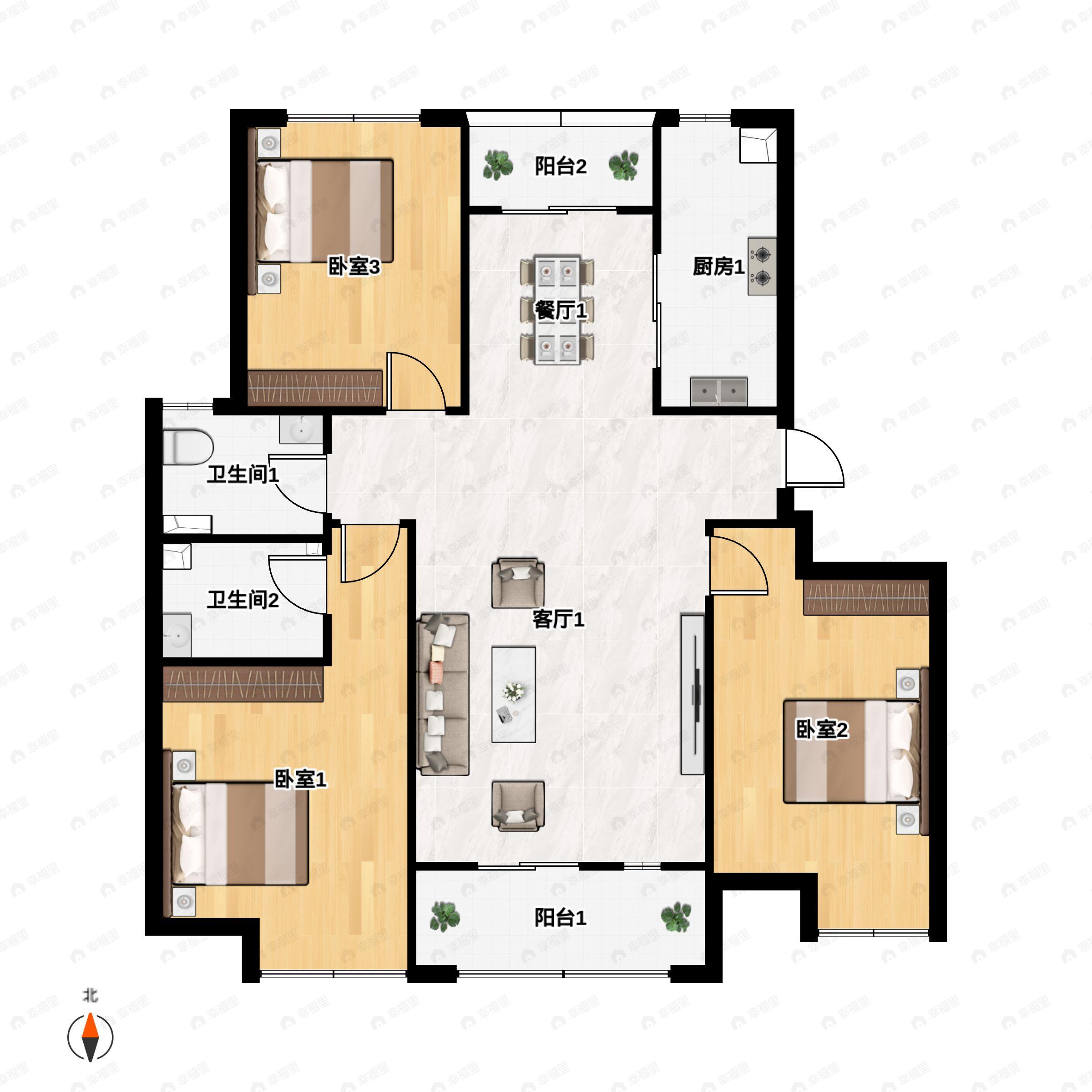 3室2厅2卫建面134平北|南户型图