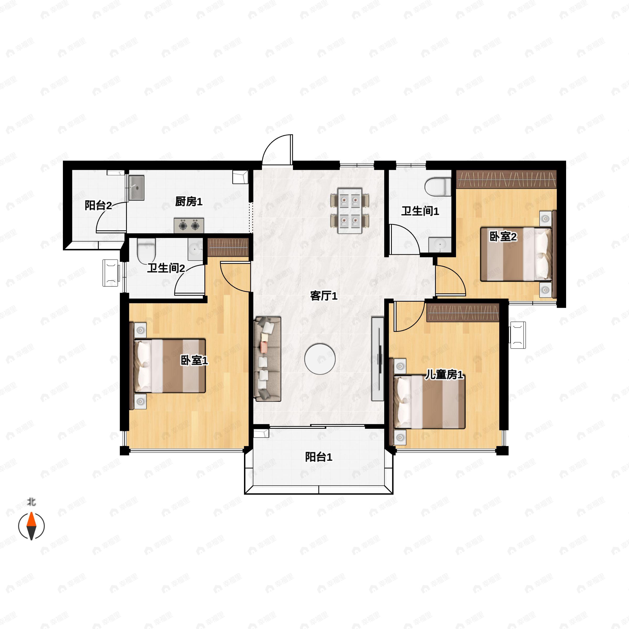 3室2厅2卫建面108平南户型图