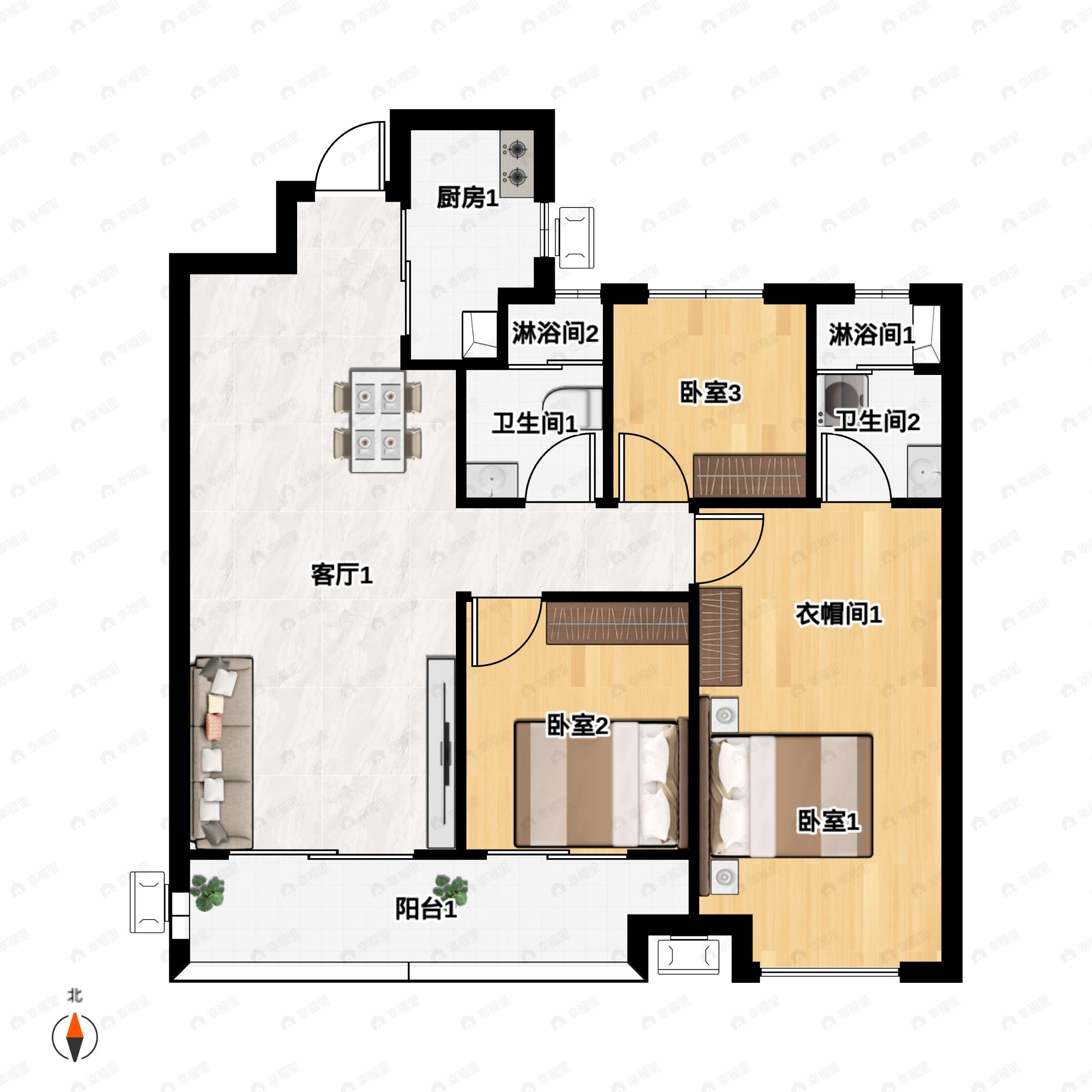 3室2厅2卫建面107平户型图