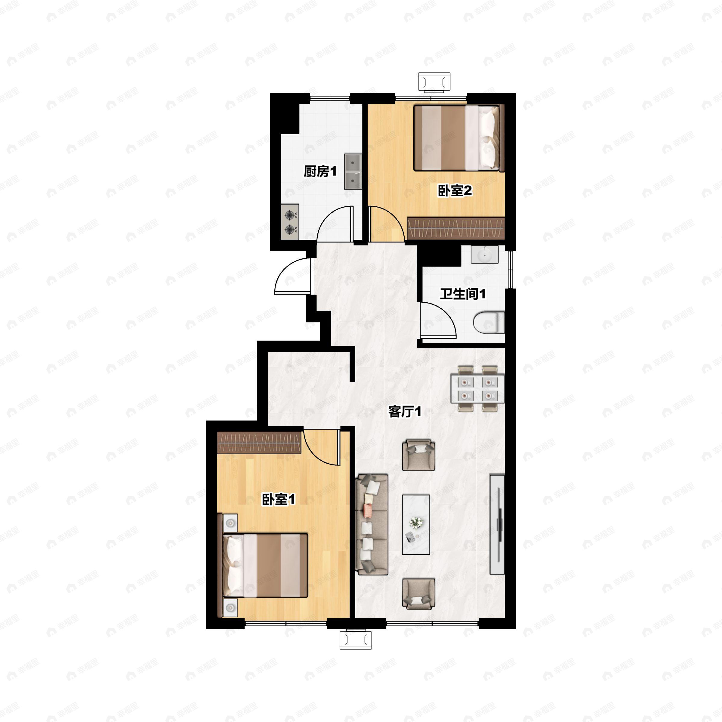 2室2厅1卫建面76m²南户型图