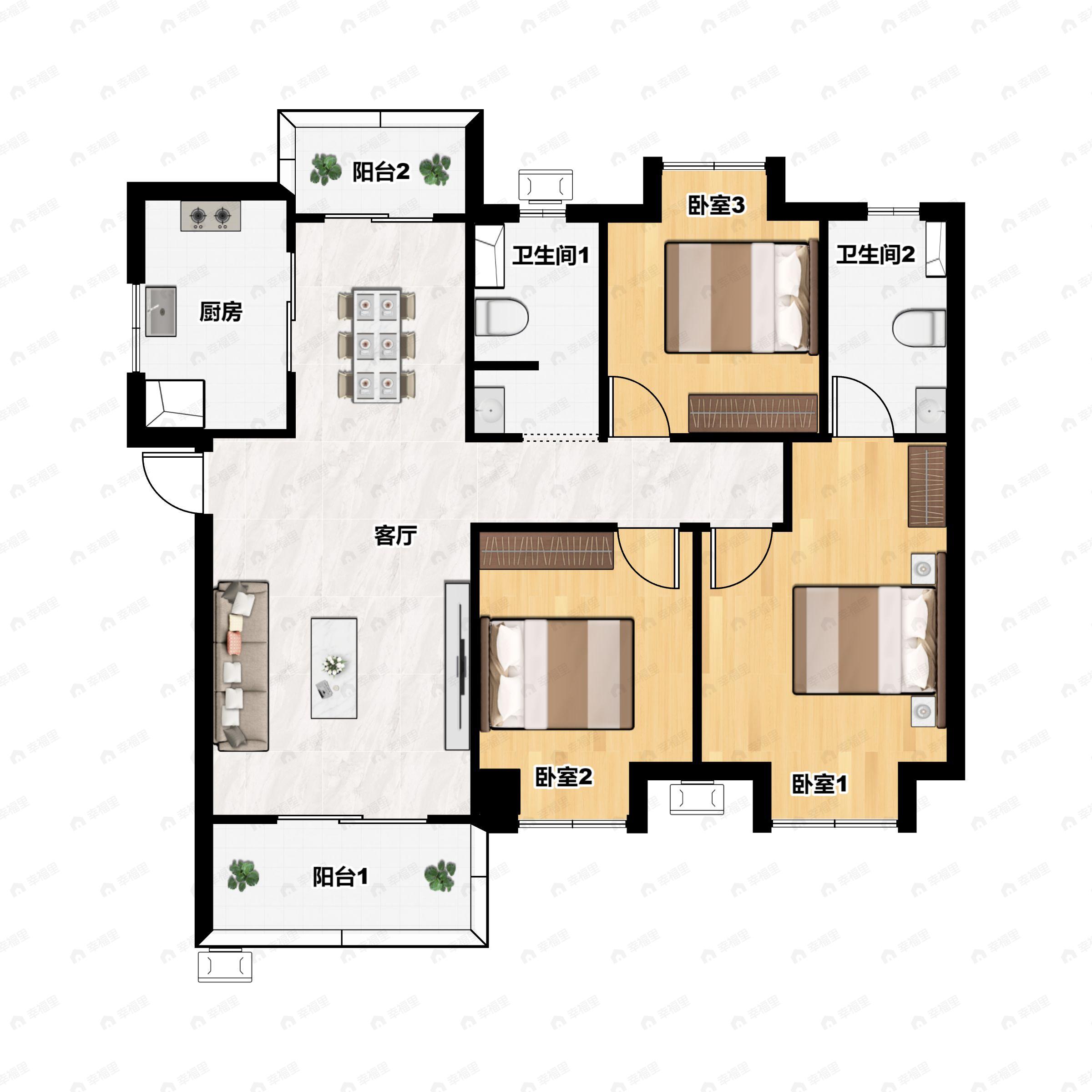 3室2厅2卫建面115m²南户型图