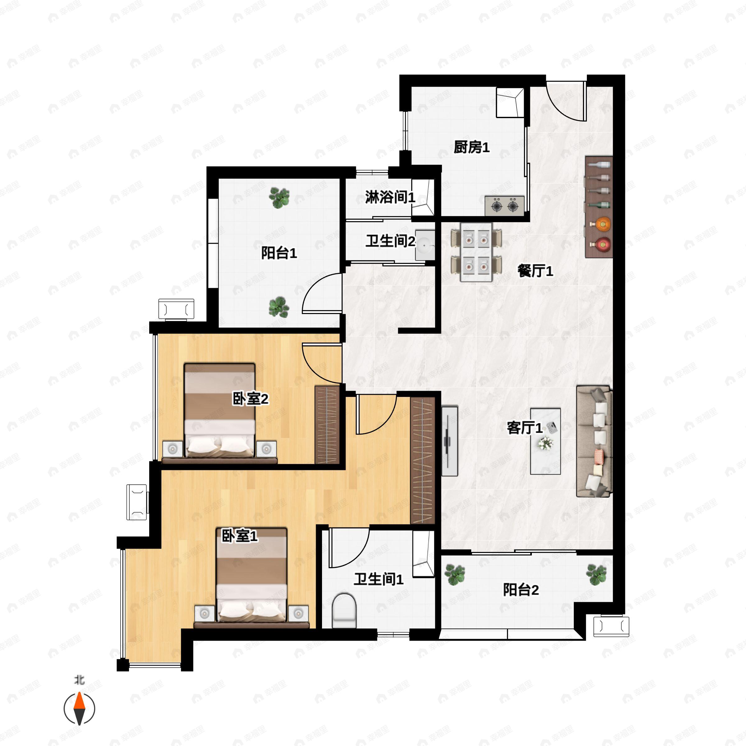 2室2厅2卫建面89平户型图