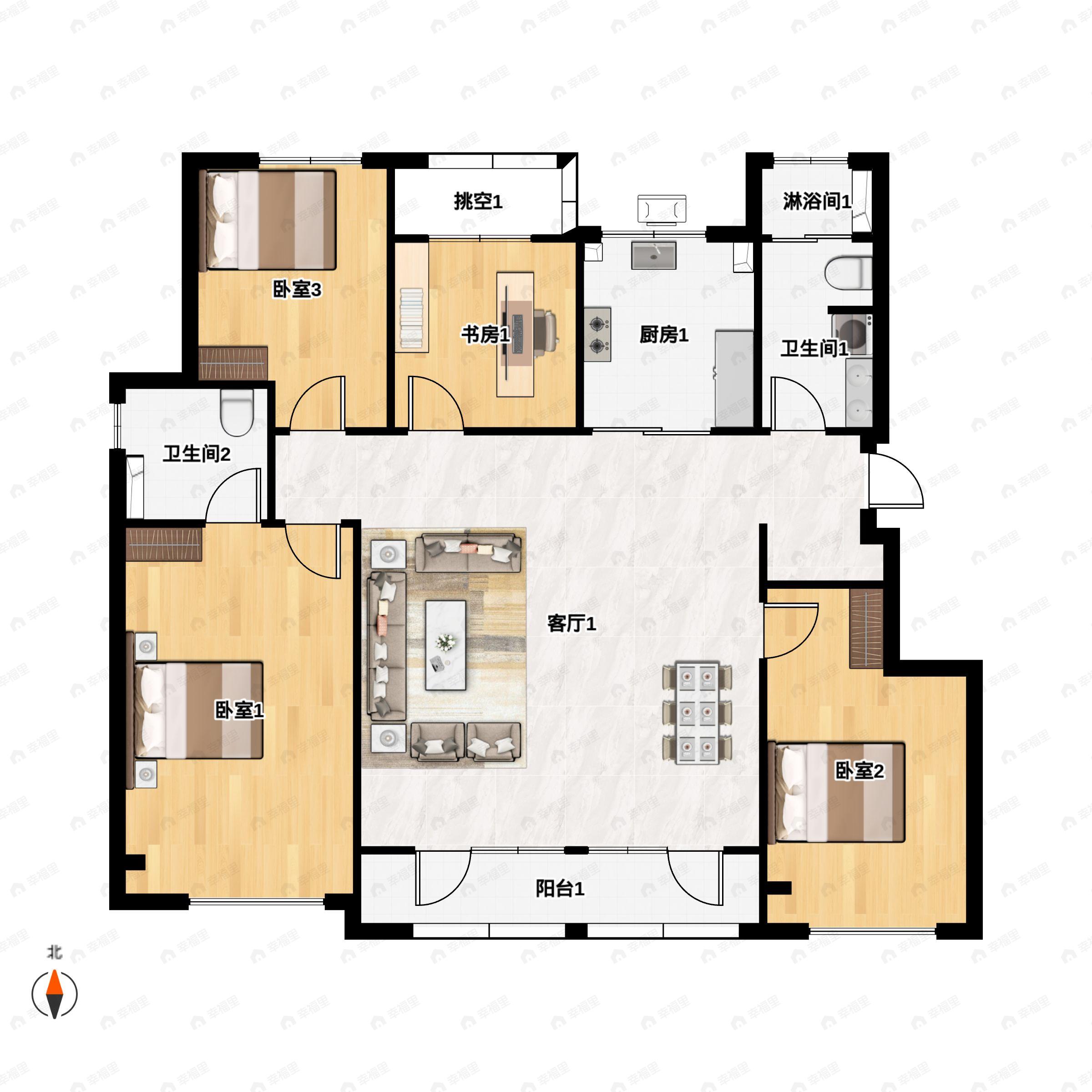 4室2厅2卫建面136平南户型图